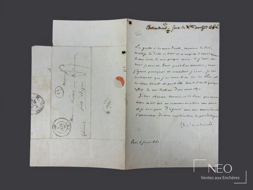Lettre manuscrite de Chateaubriand sur feuillet plié