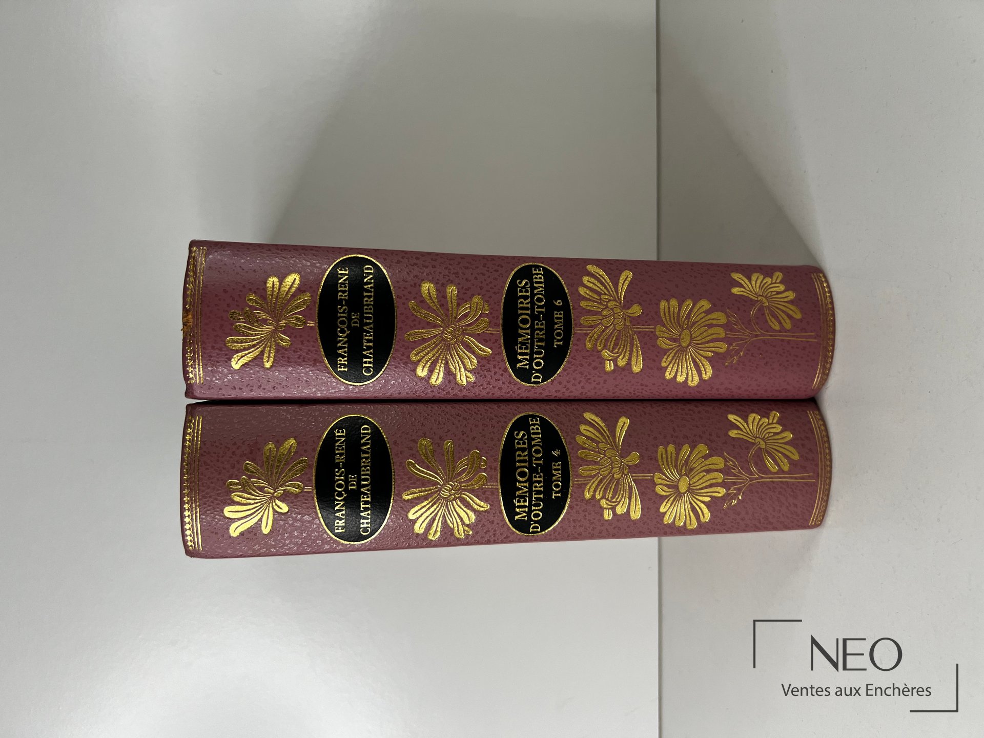 Deux dos de volumes reliés bordeaux ornés de motifs floraux dorés et de titres noirs.