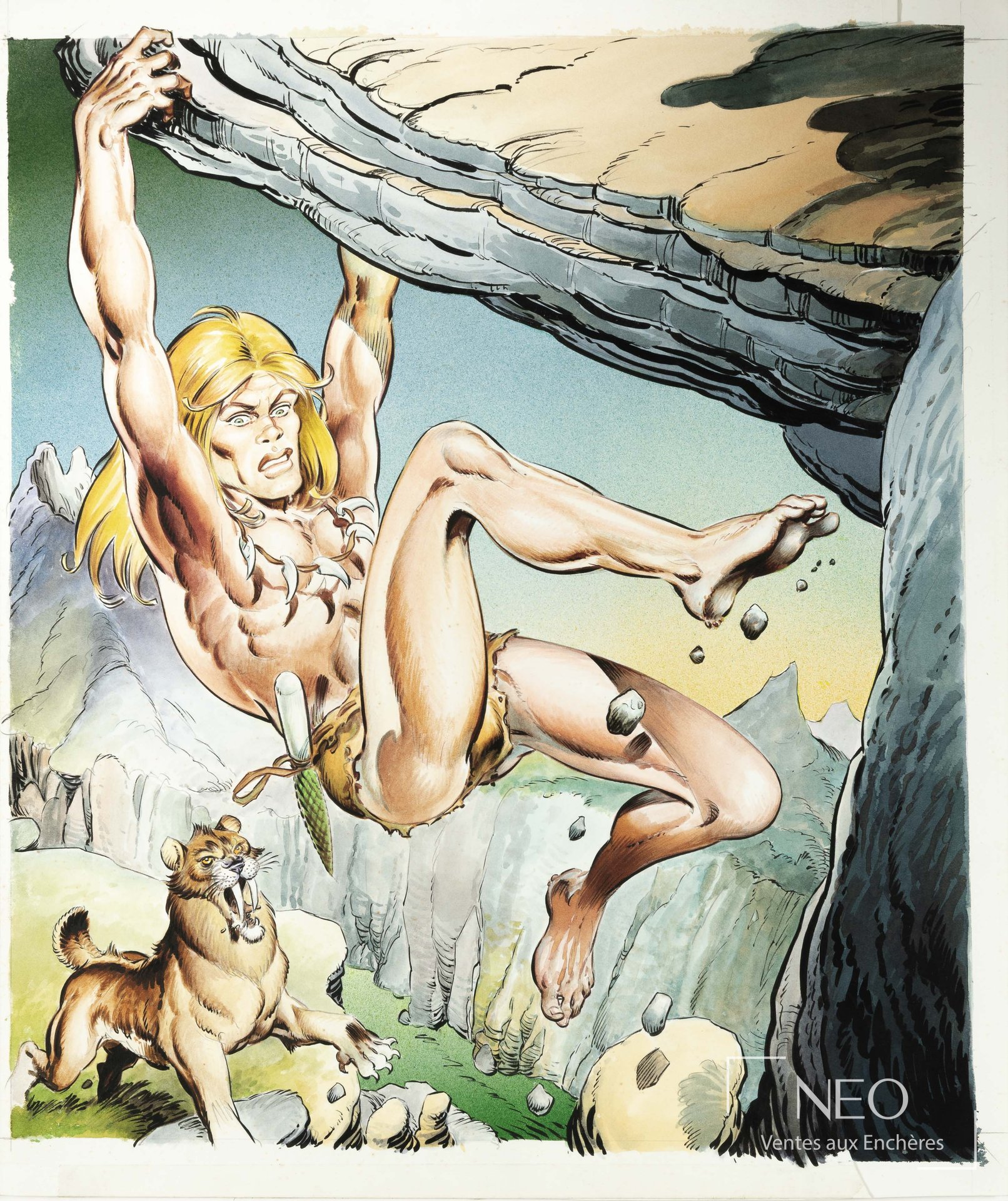 Couverture originale de Rahan montrant le personnage suspendu au-dessus d’un canyon.