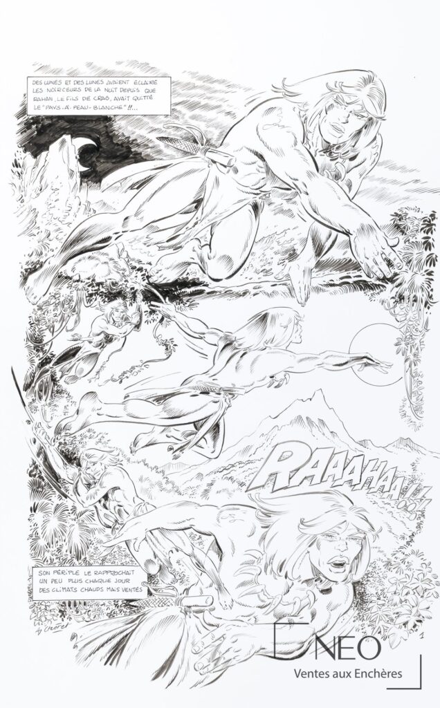Planche originale de Rahan avec grande scène centrale et signature en bas à gauche
