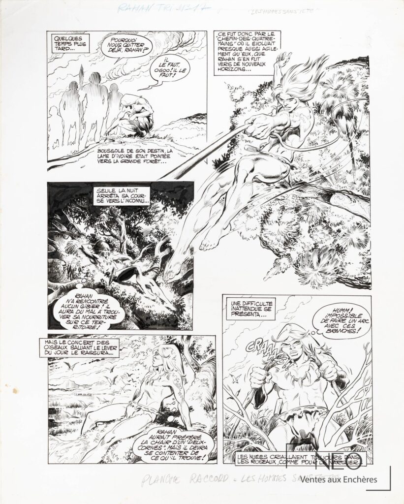 Planche de bande dessinée Rahan avec plusieurs cases en noir et blanc