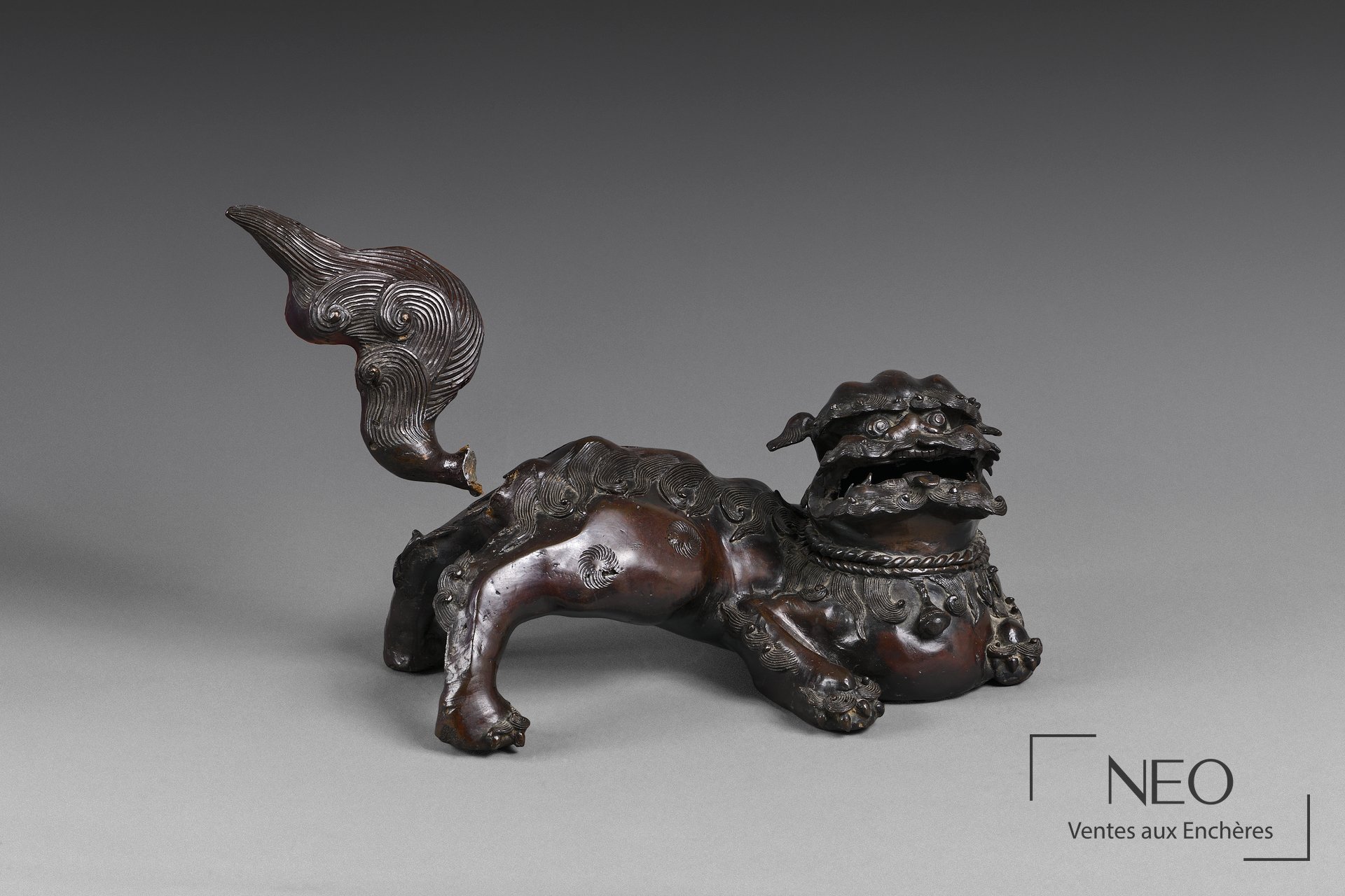 Chien de Fô en bronze vu de face