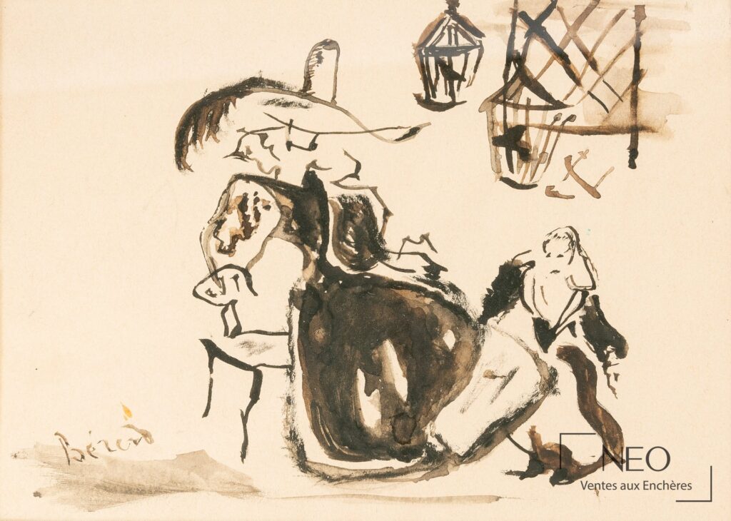 Dessin de costumes de Christian Bérard à l’encre et au lavis sur papier