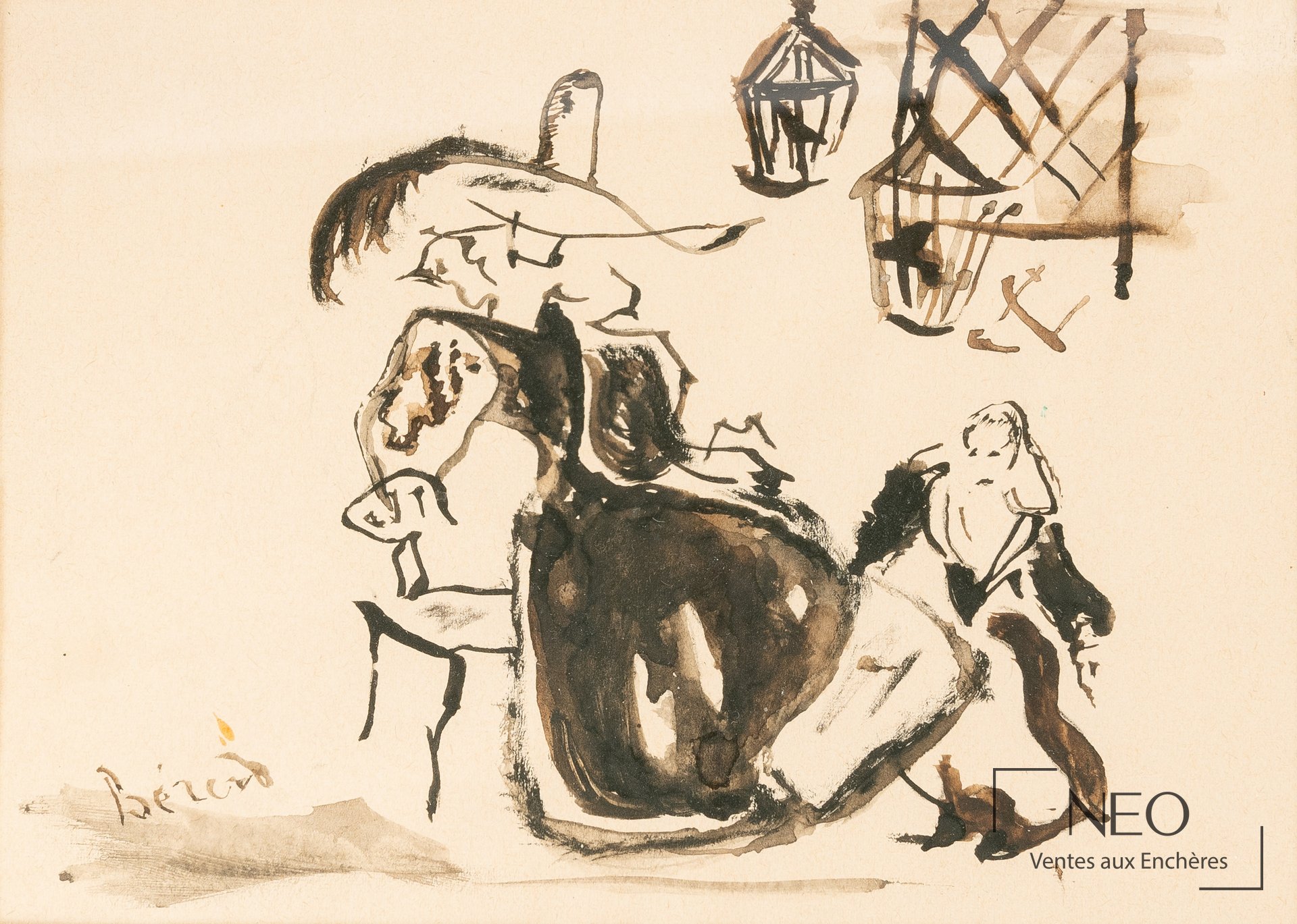 Dessin de costumes de Christian Bérard à l’encre et au lavis sur papier