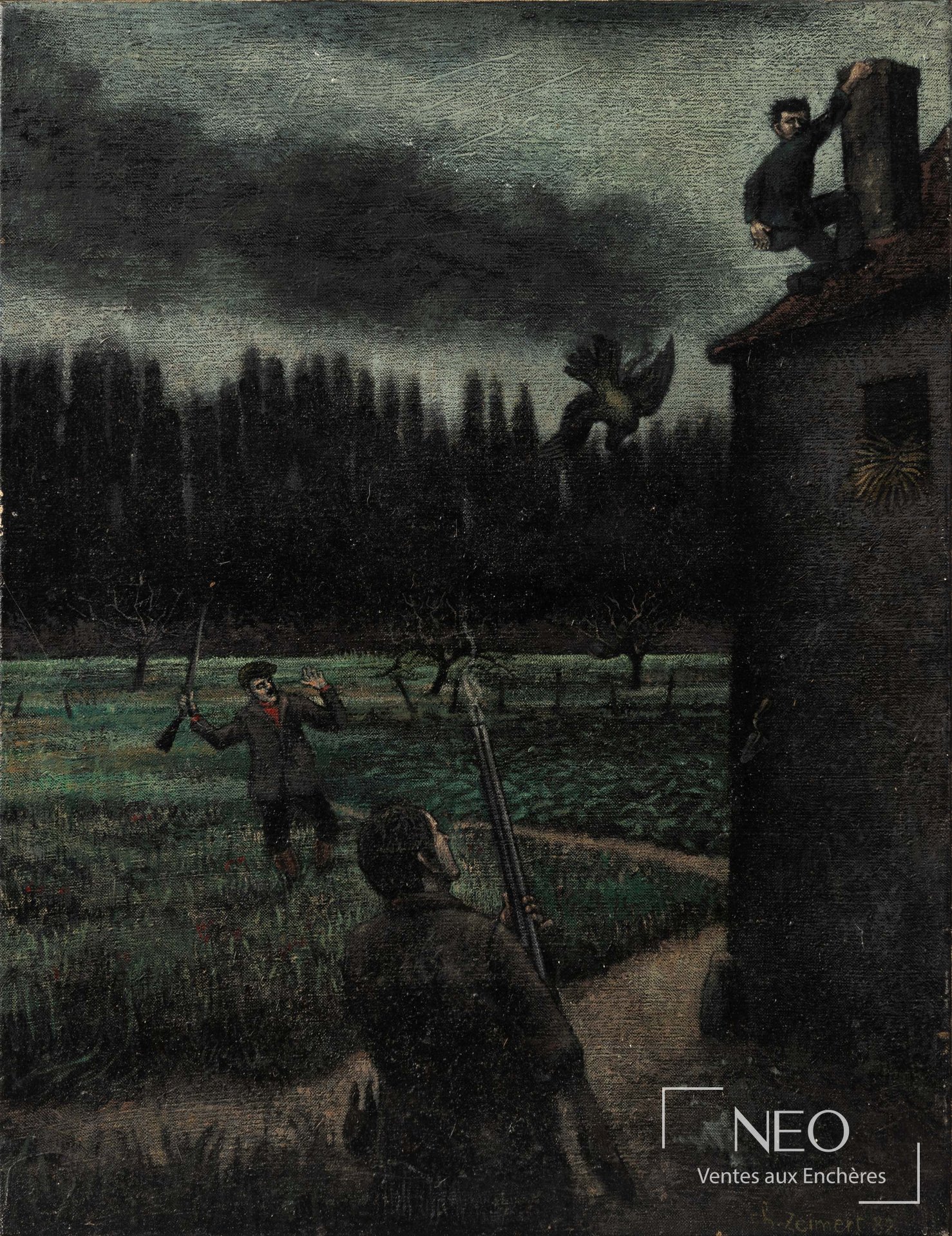 Huile sur toile montrant une scène sombre avec plusieurs figures dans un paysage.