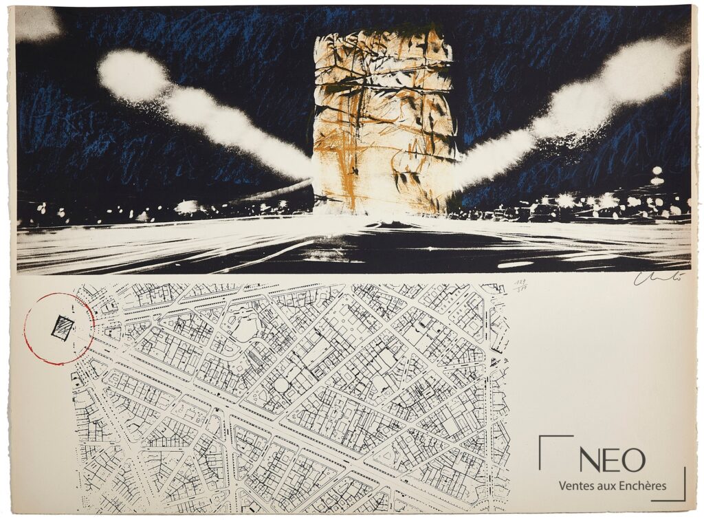 Lithographie de Christo représentant l'Arc de Triomphe emballé