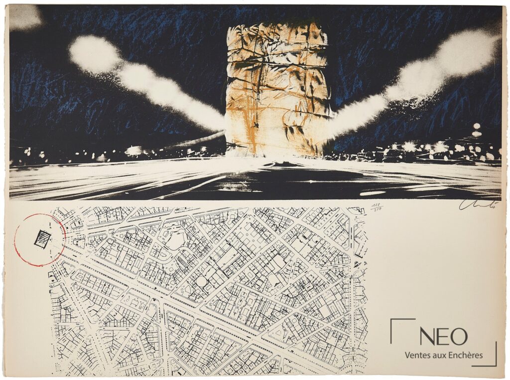 Lithographie de Christo représentant l’Arc de Triomphe emballé