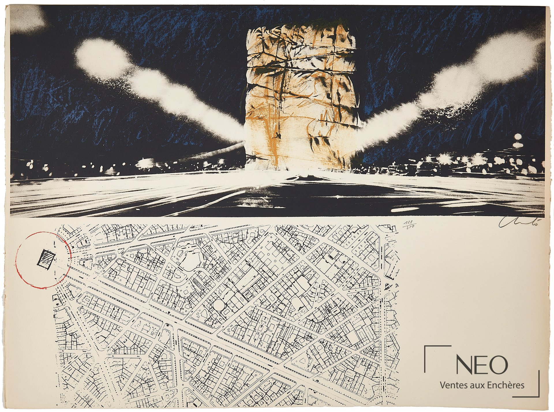 Lithographie de Christo représentant l’Arc de Triomphe emballé