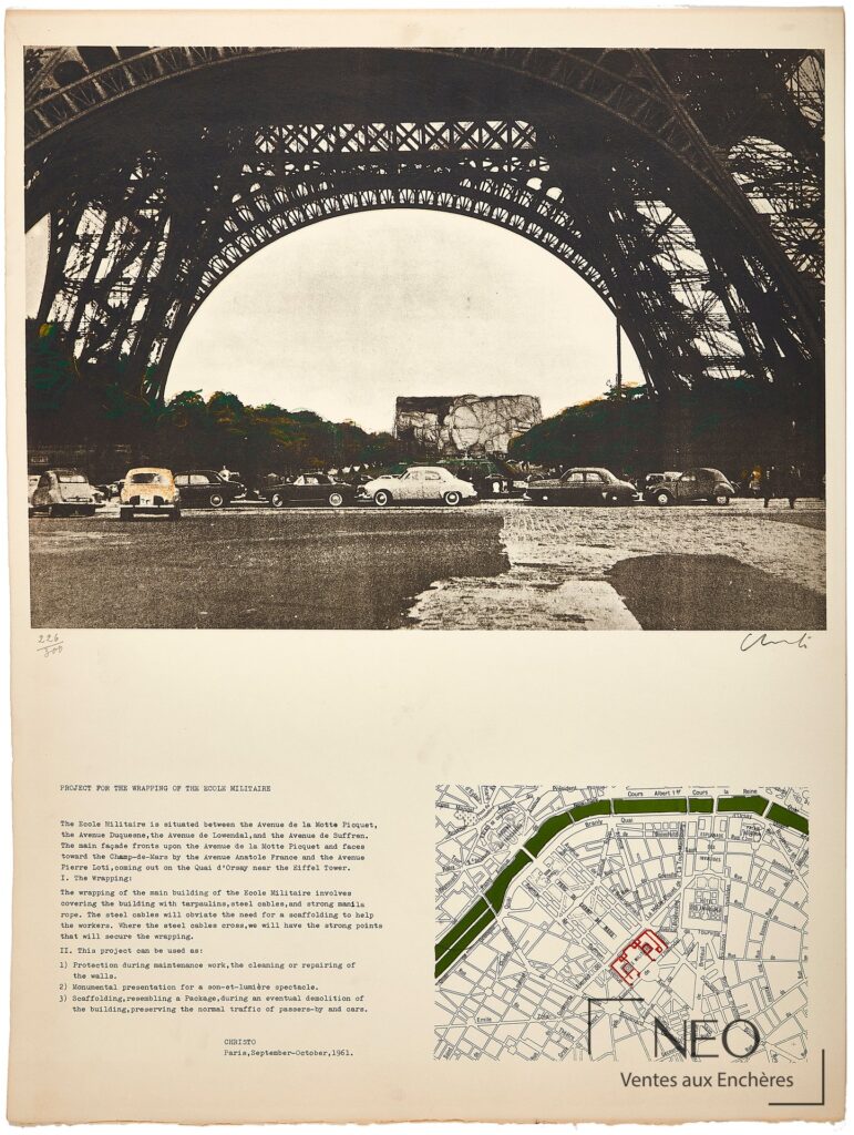 Lithographie de Christo montrant le projet pour l’emballage de l’Ecole Militaire à Paris