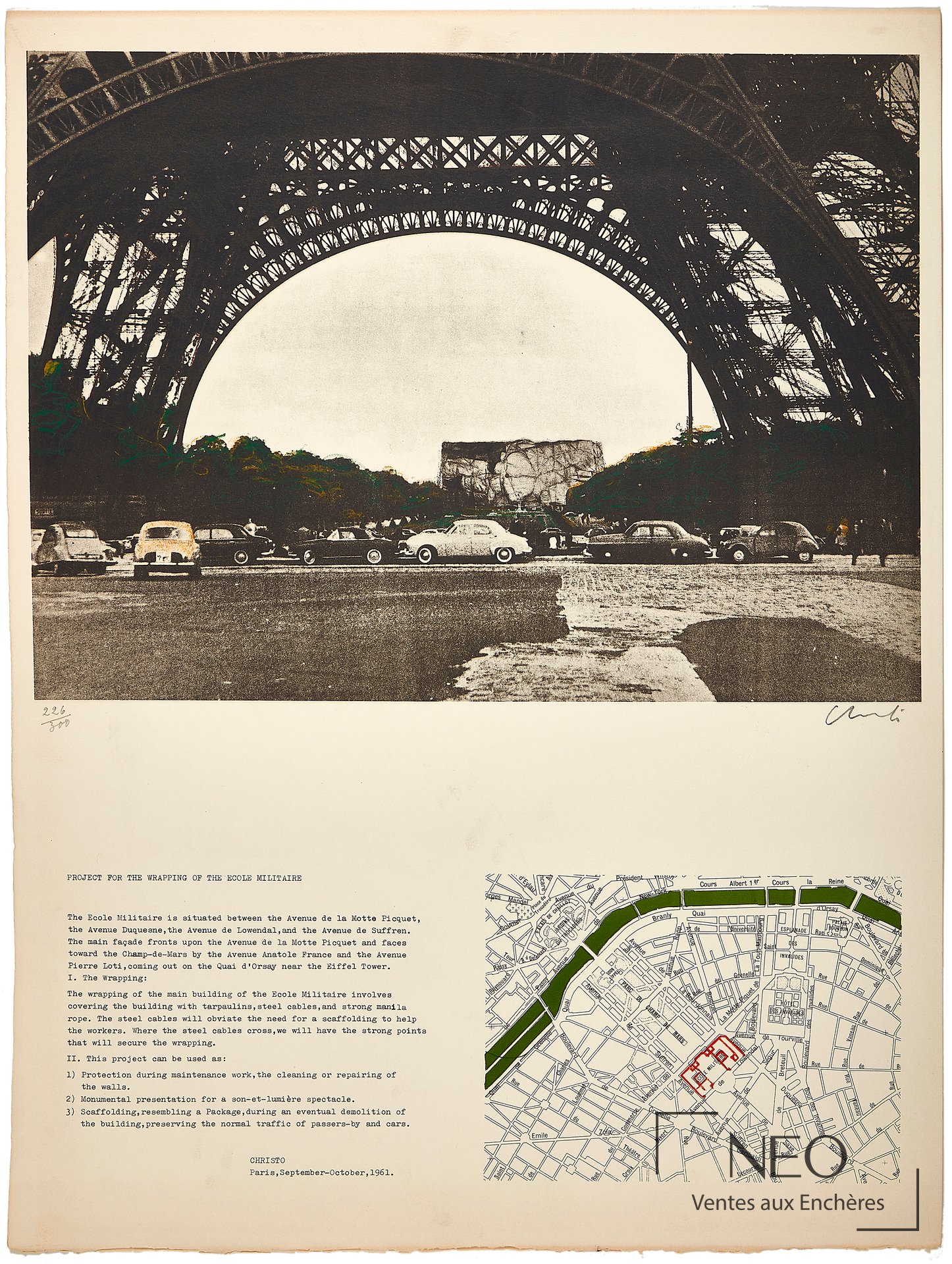 Lithographie de Christo montrant le projet pour l’emballage de l’Ecole Militaire à Paris