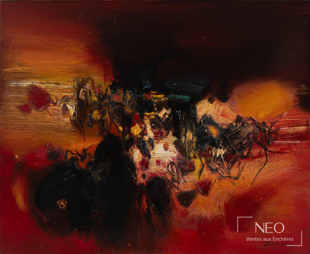Huile abstraite aux tonalités rouges