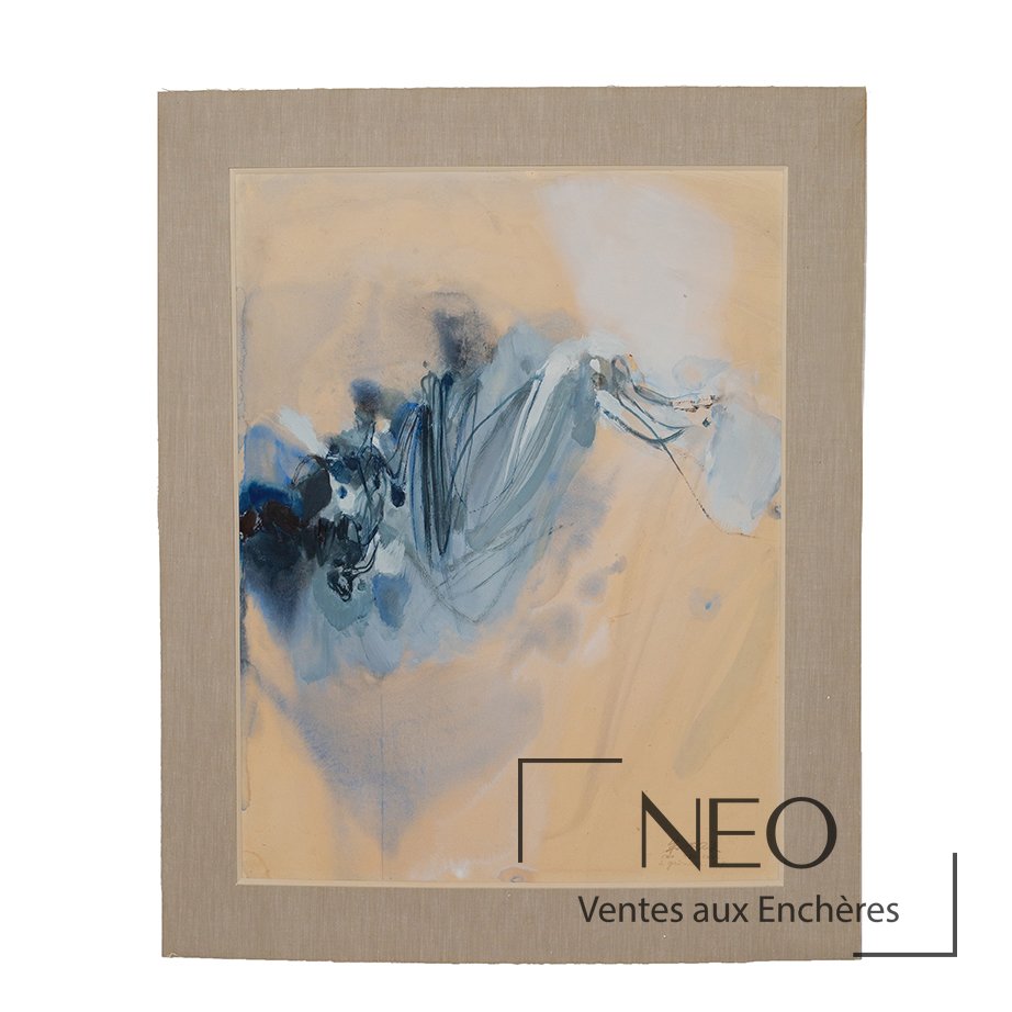 Acrylique abstrait sur papier de Chu Teh-Chun encadré sous verre