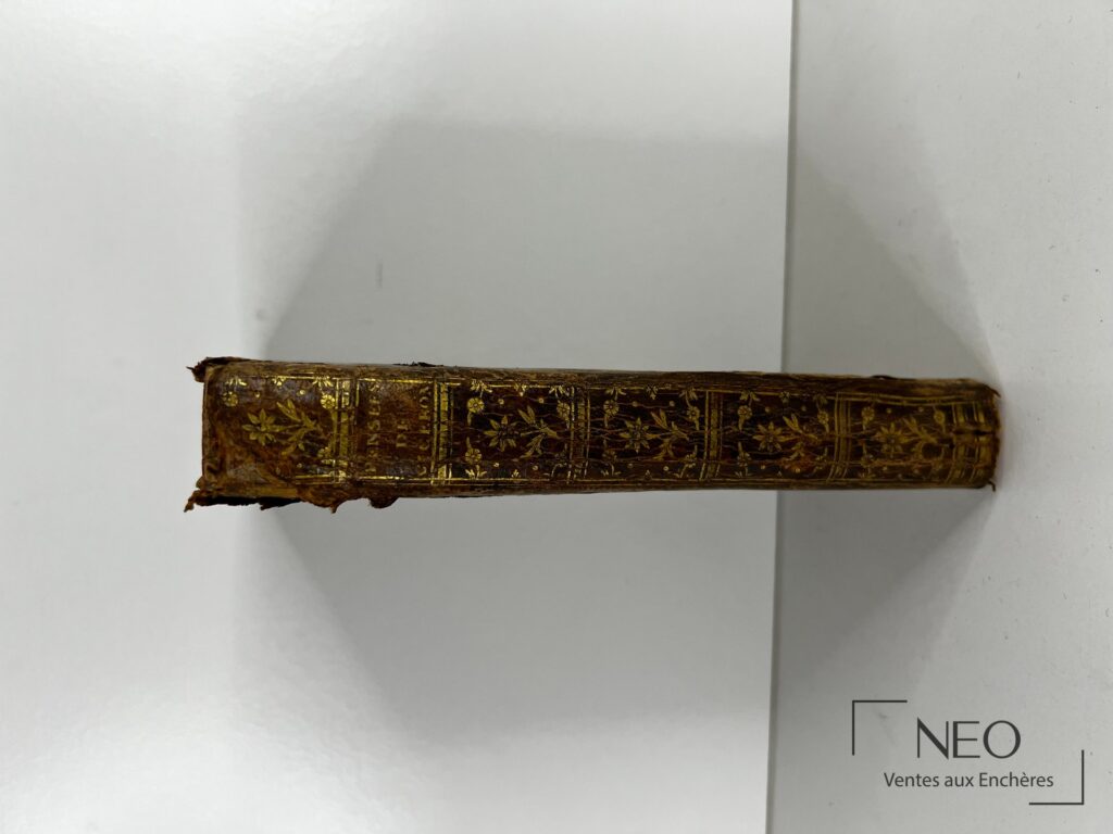 Dos en basane ornée de caissons dorés et de motifs floraux