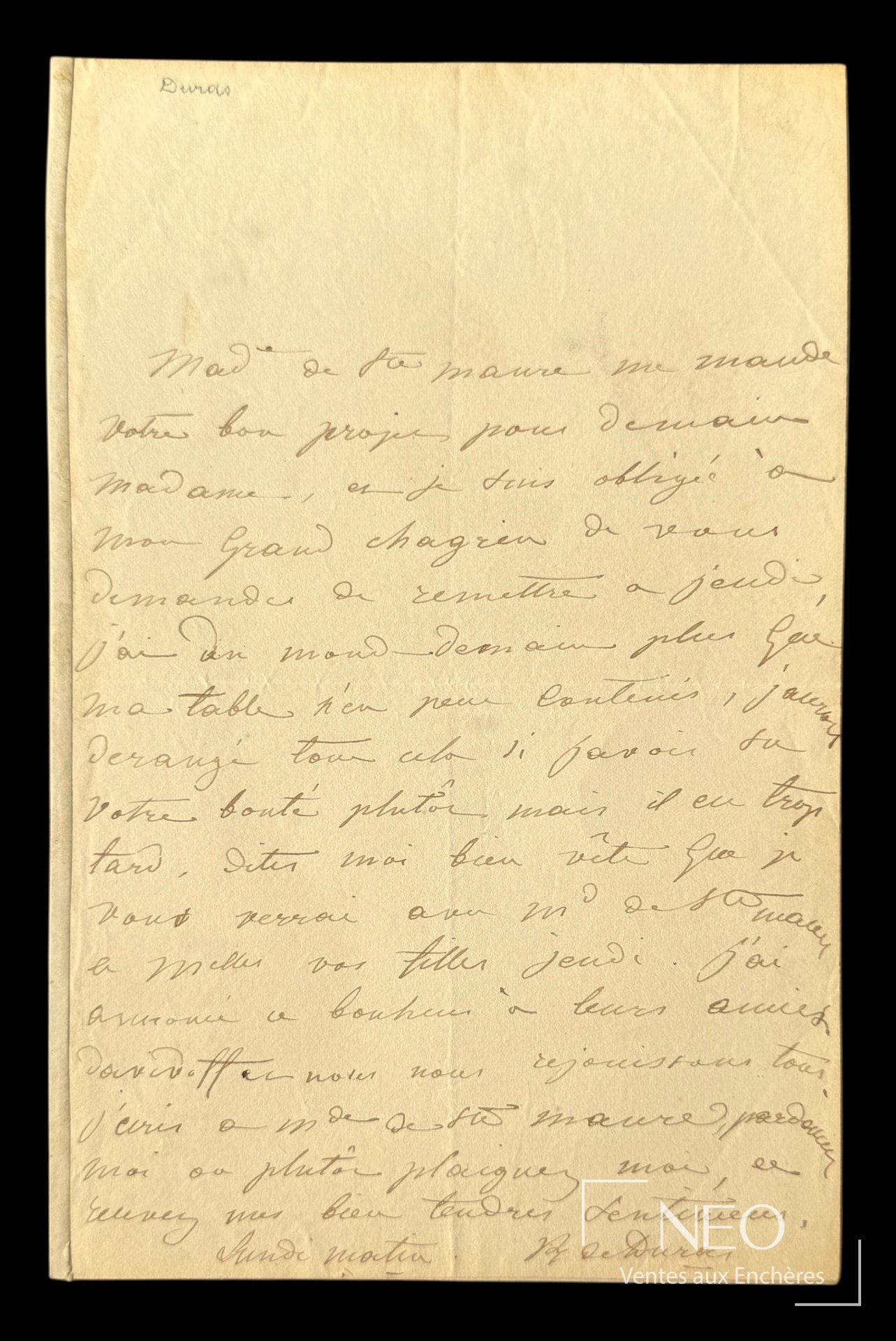 Claire de Duras, lettre autographe signée, époque romantique