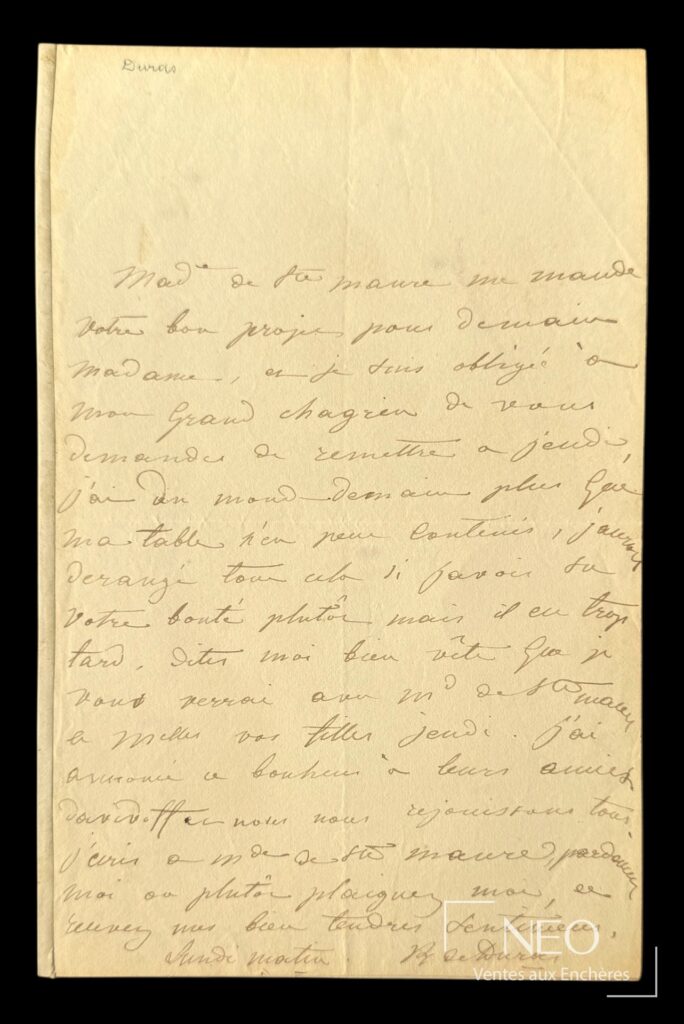 Lettre autographe signée de Claire de Duras sur feuillet manuscrit