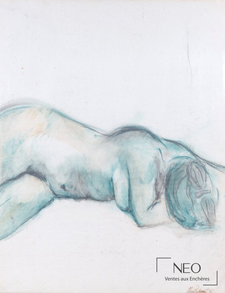 Dessin de Claire Tabouret montrant une femme nue endormie en camaïeu bleu sur papier