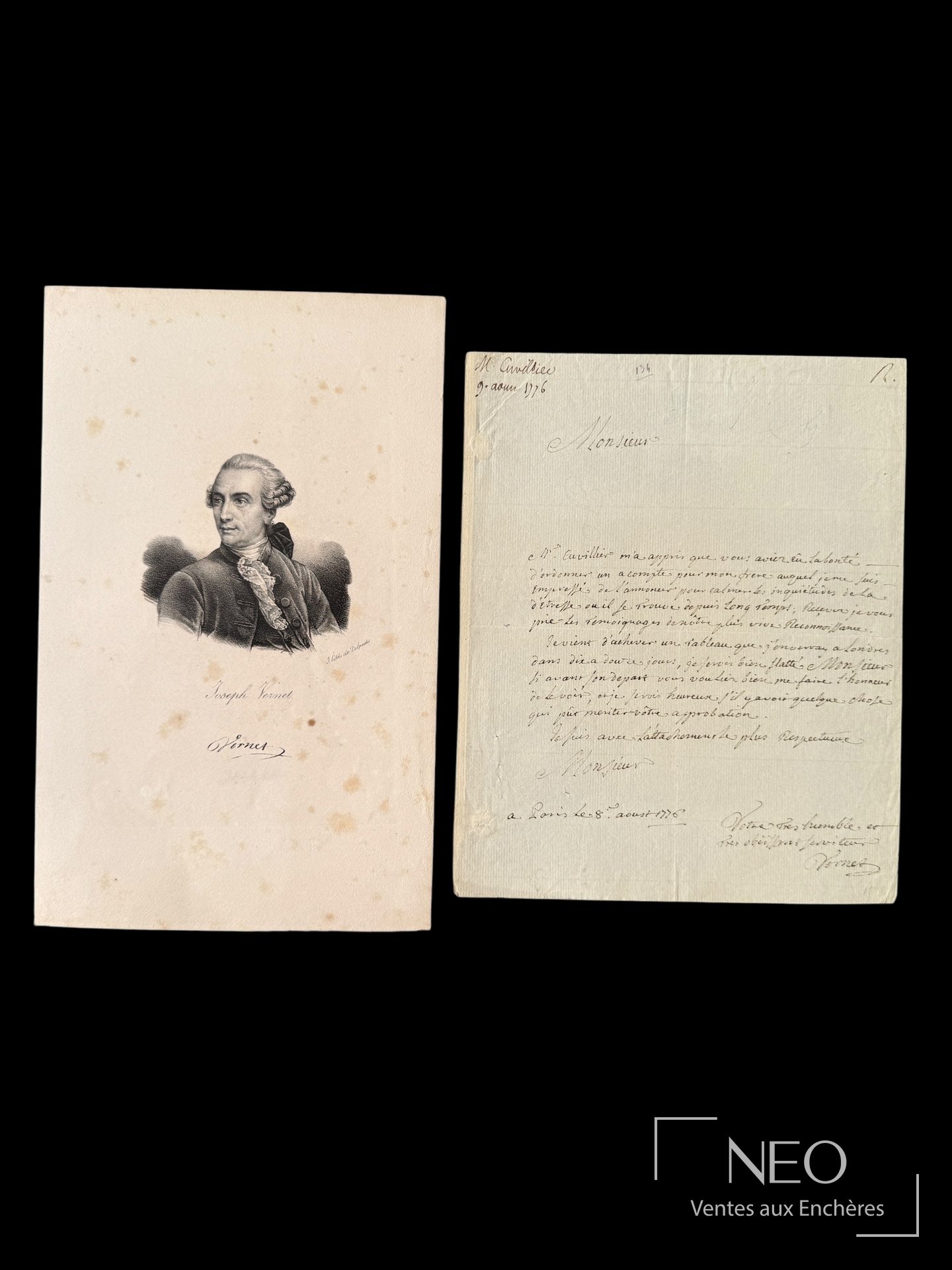 Portrait imprimé de Joseph Vernet et lettre autographe signée visible au recto
