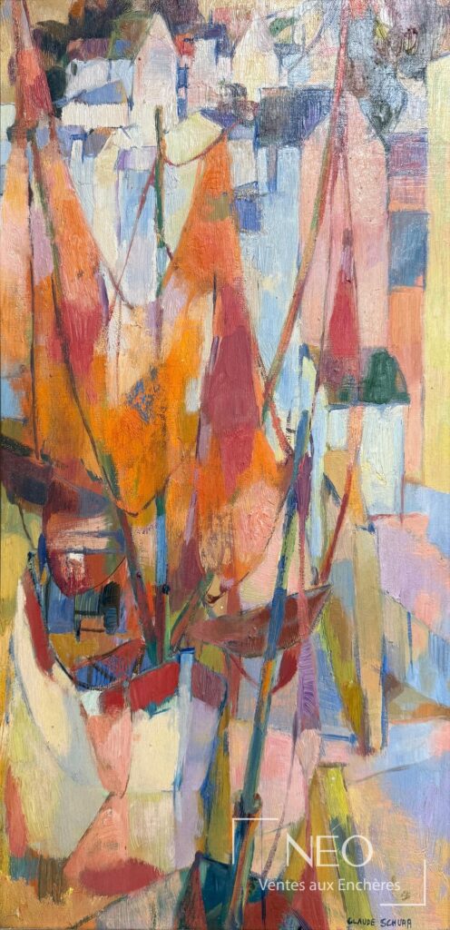 Huile sur toile abstraite aux formes colorées