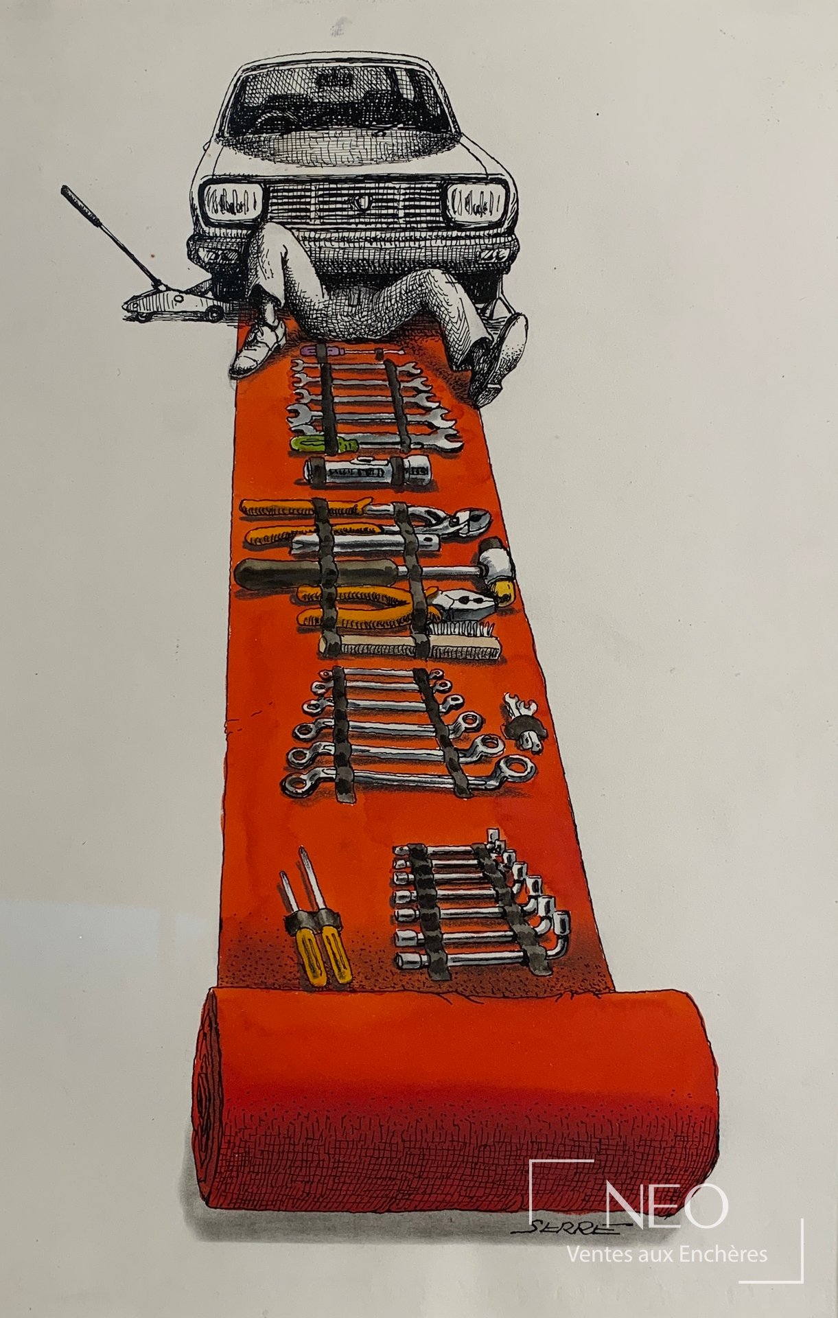 Dessin de Claude Serre représentant une voiture au-dessus d’une rampe rouge garnie d’outils