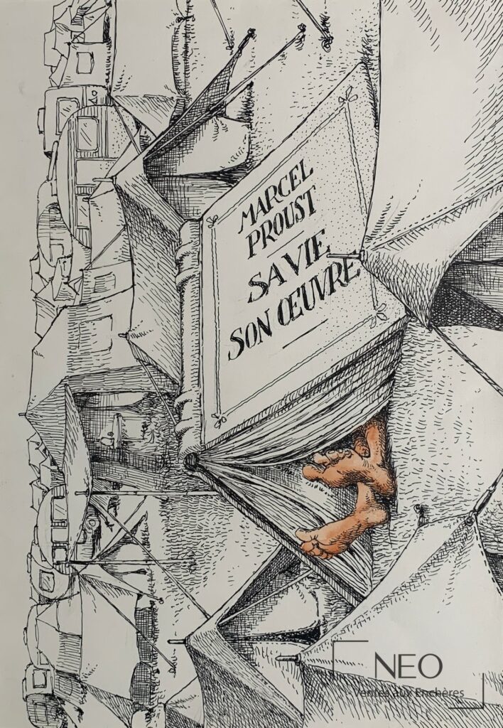 Planche de Claude Serre représentant un livre de Marcel Proust au milieu d'un décor fragmenté