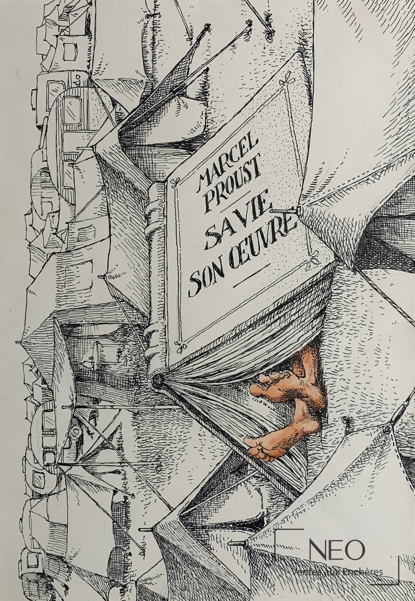 Planche de Claude Serre représentant un livre de Marcel Proust au milieu d'un décor fragmenté