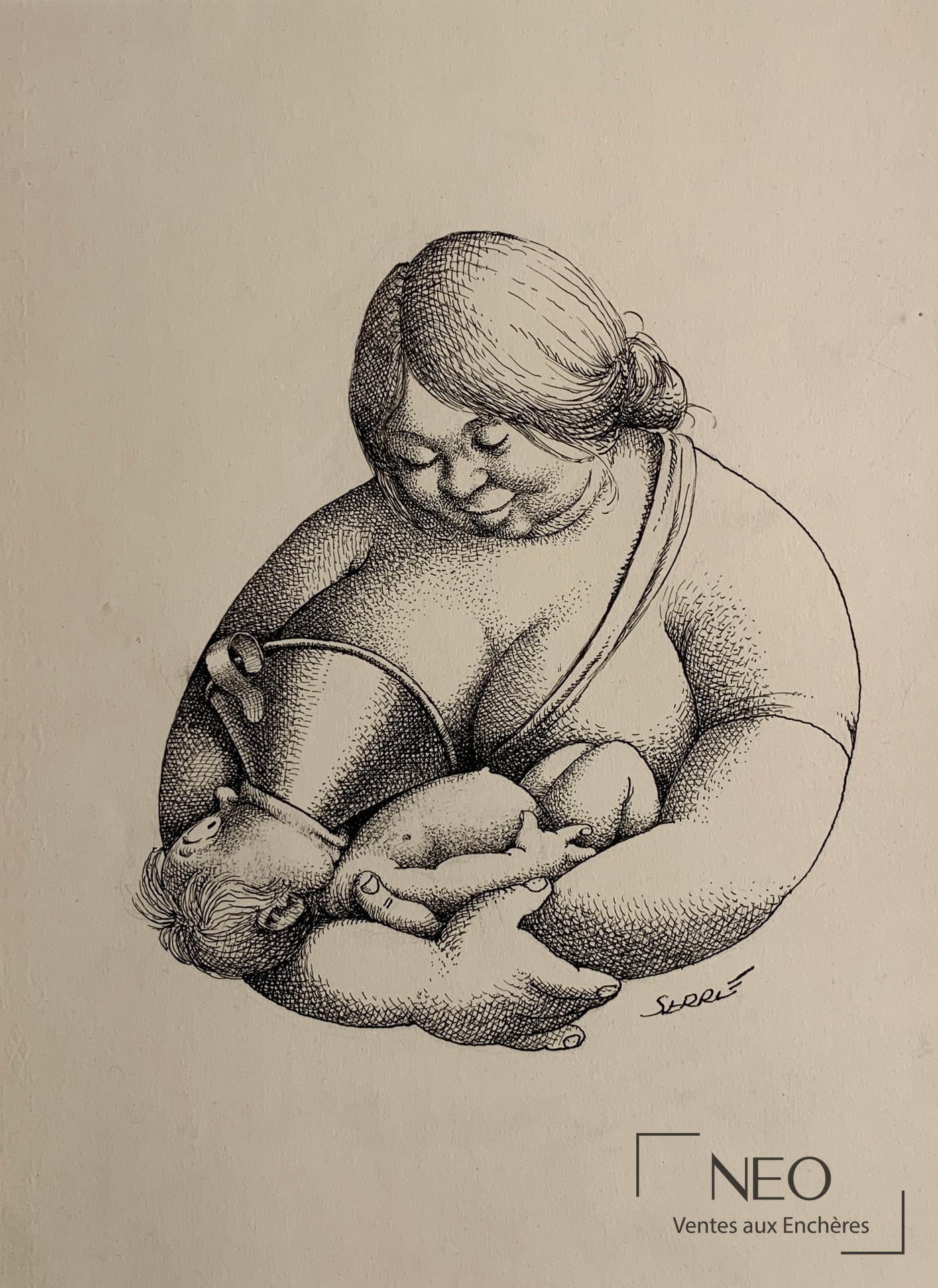 Illustration en noir et blanc signée Serre représentant une femme tenant un nourrisson.