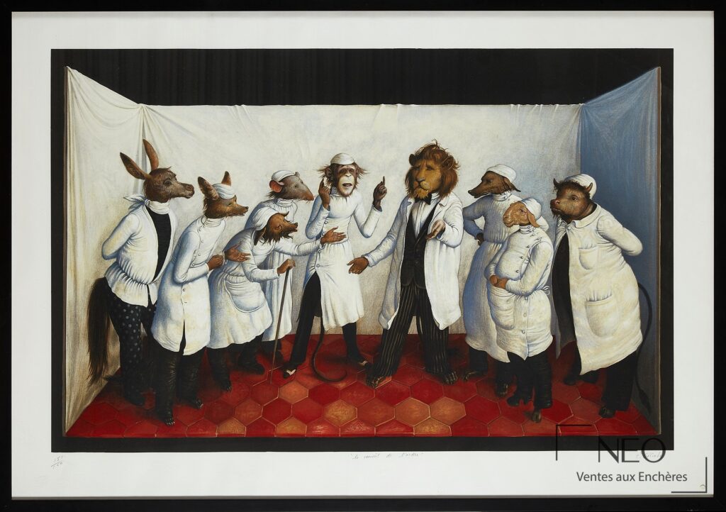 Lithographie en couleurs de Claude Verlinde représentant des personnages à têtes d'animaux