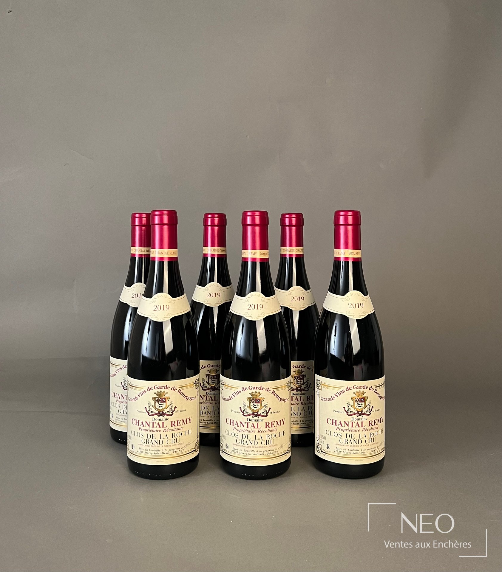 Six bouteilles de Clos de la Roche Grand Cru Chantal Remy 2019 alignées