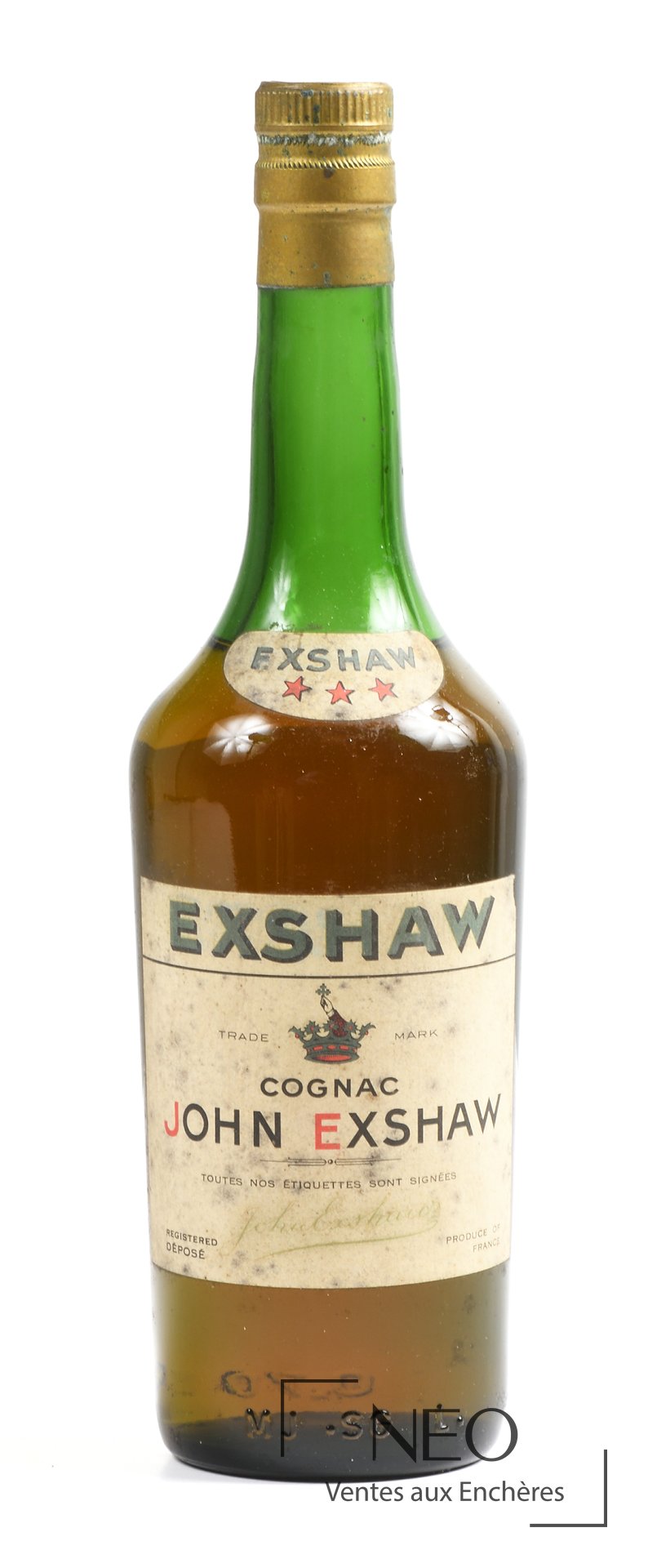Bouteille de Cognac John Exshaw vue de face avec étiquette usée et capsule dorée