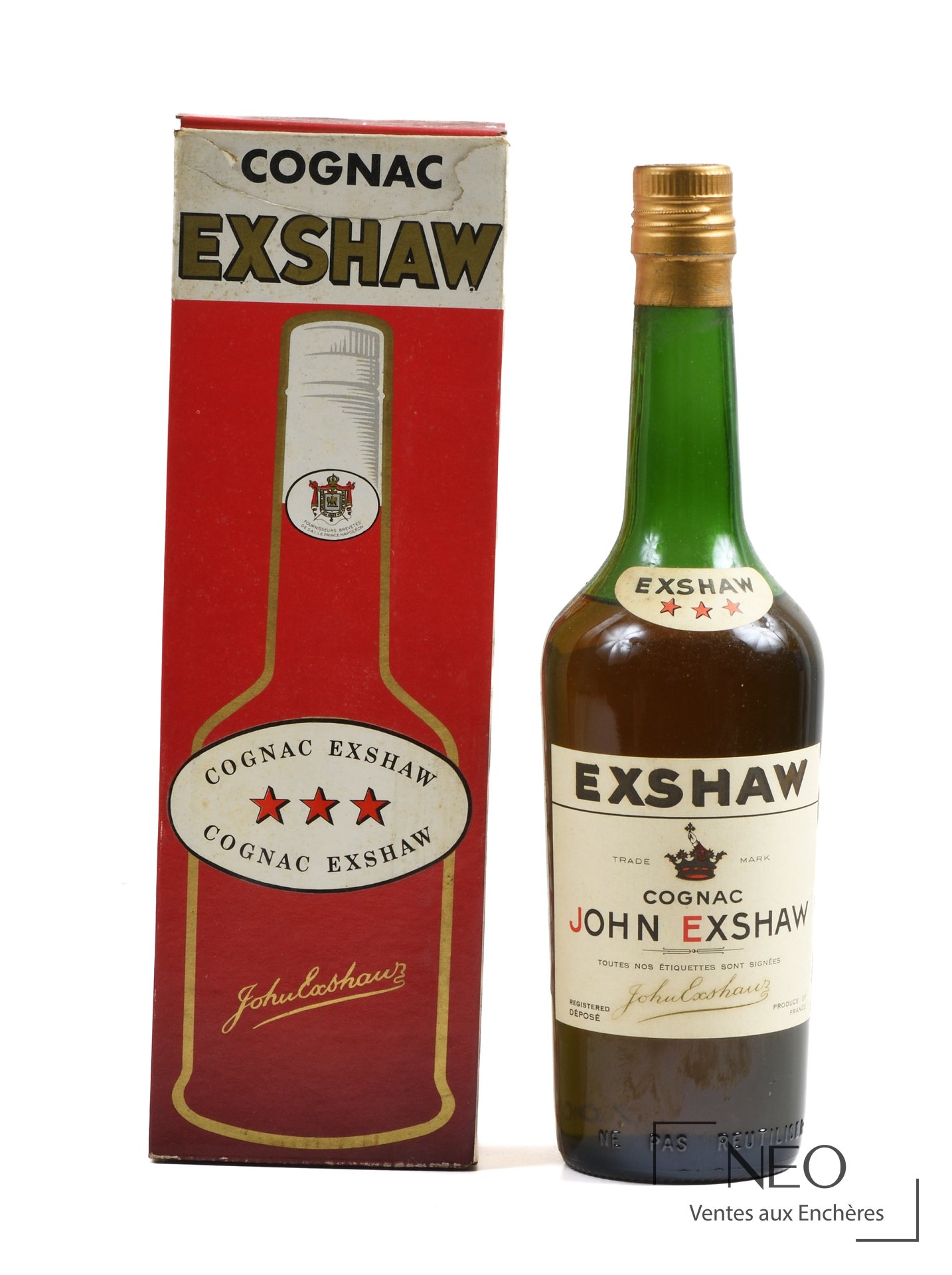 Bouteille de cognac John Exshaw avec sa boîte cartonnée d'origine