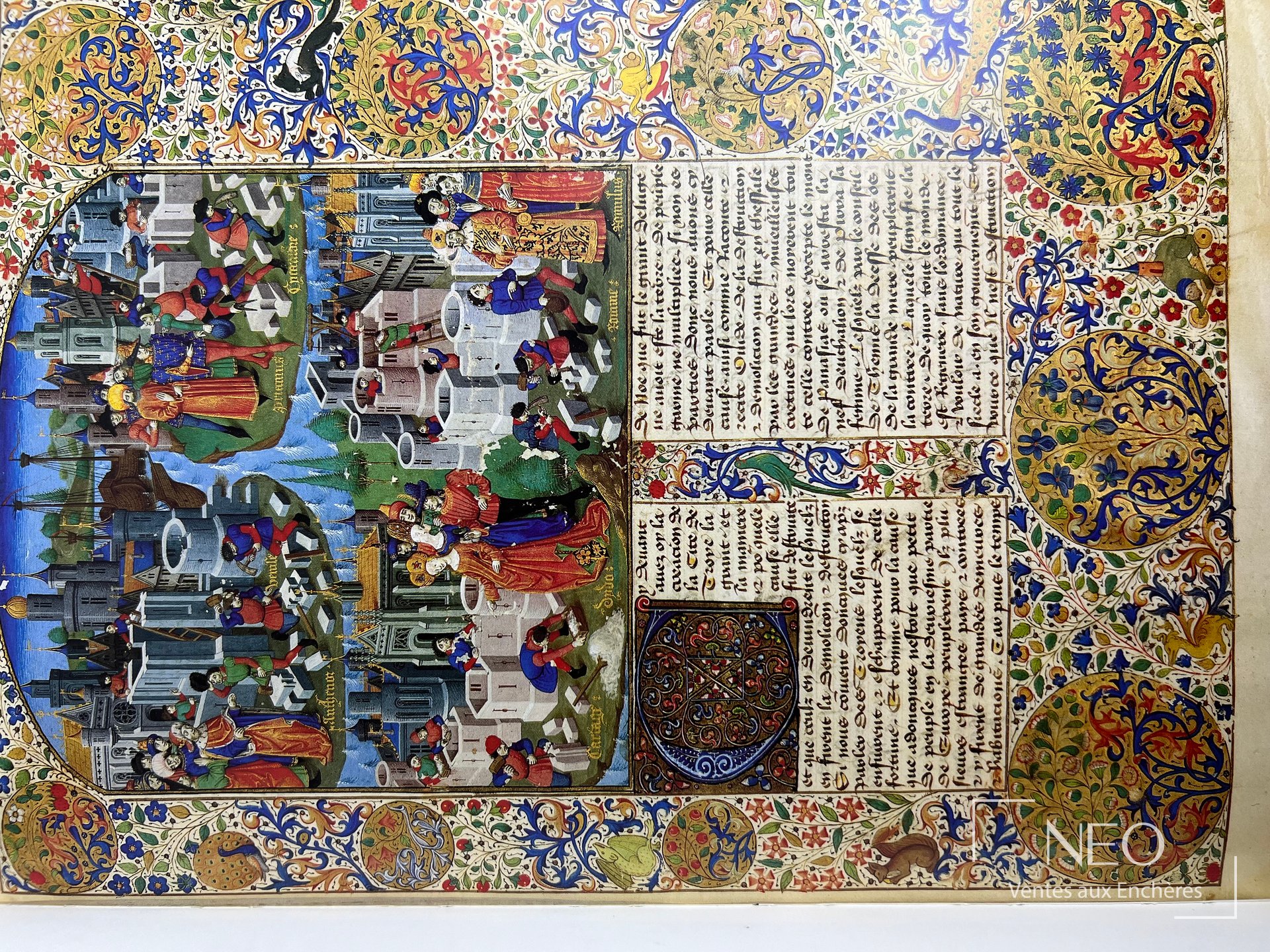 Page enluminée avec scène figurée et marges décorées