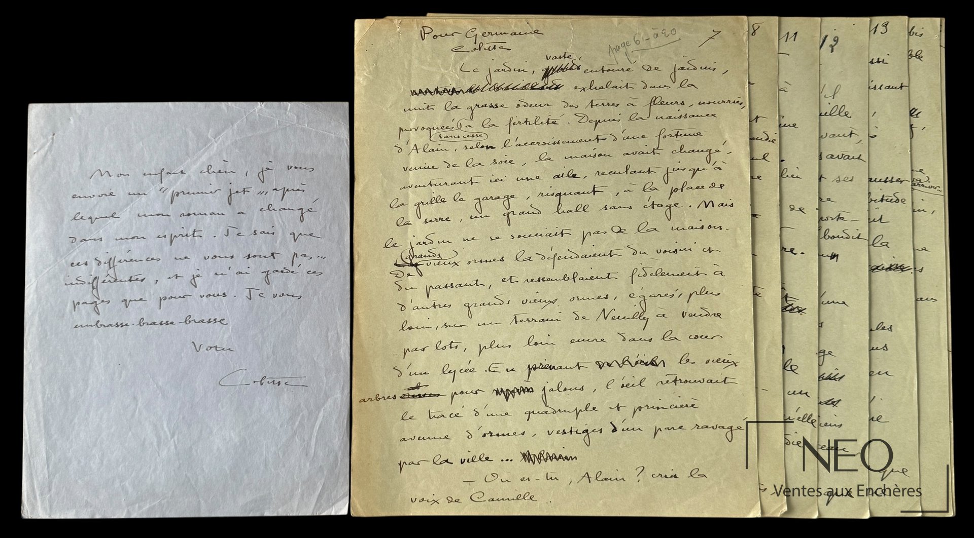 Colette, La chatte, partie de manuscrit autographe et lettre autographe signée