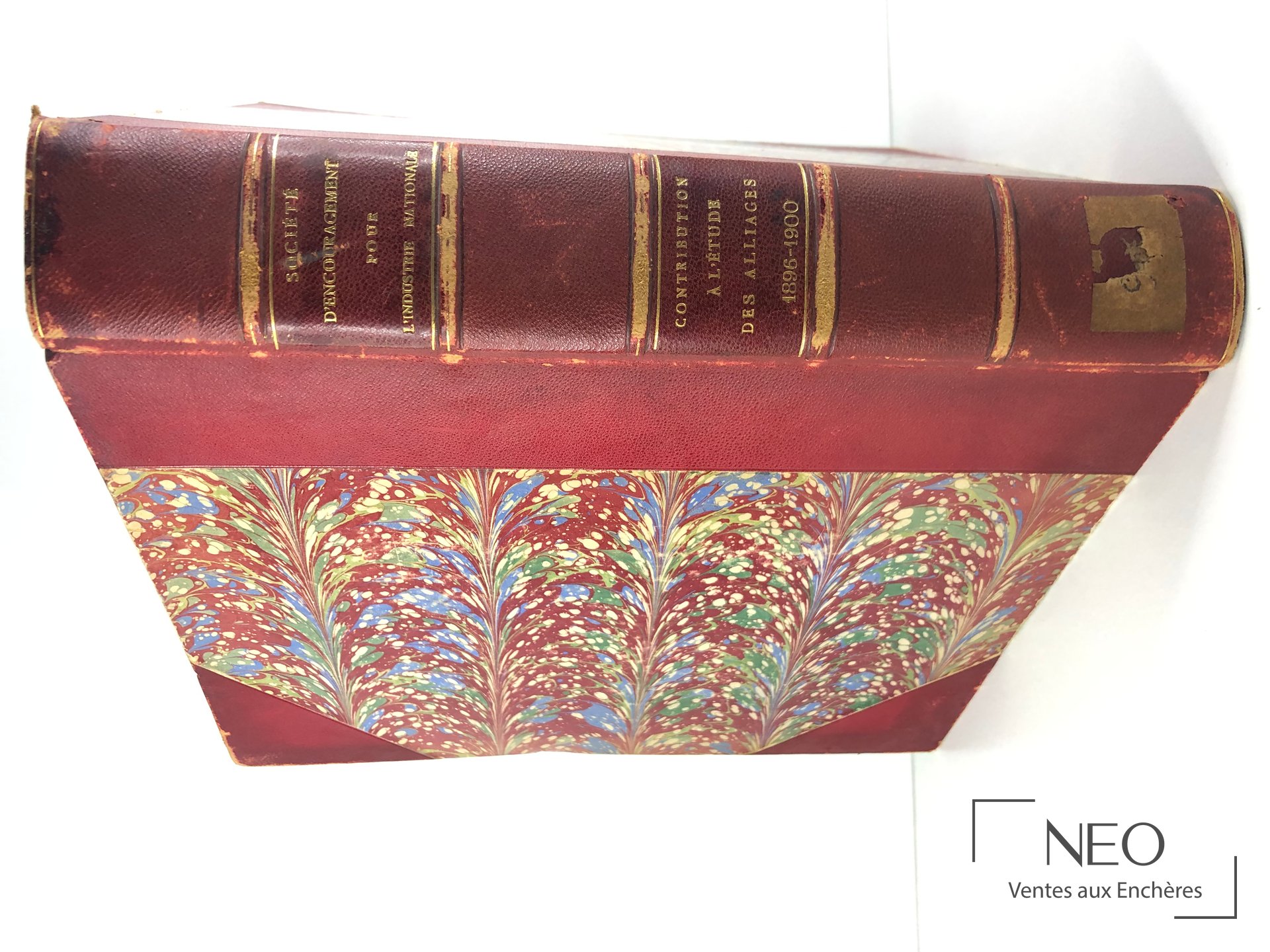 Dos d'un livre relié en chagrin rouge avec titres dorés et plats marbrés.