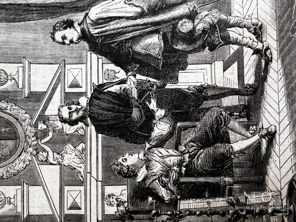 Illustration en noir représentant une scène avec plusieurs personnages dans un intérieur