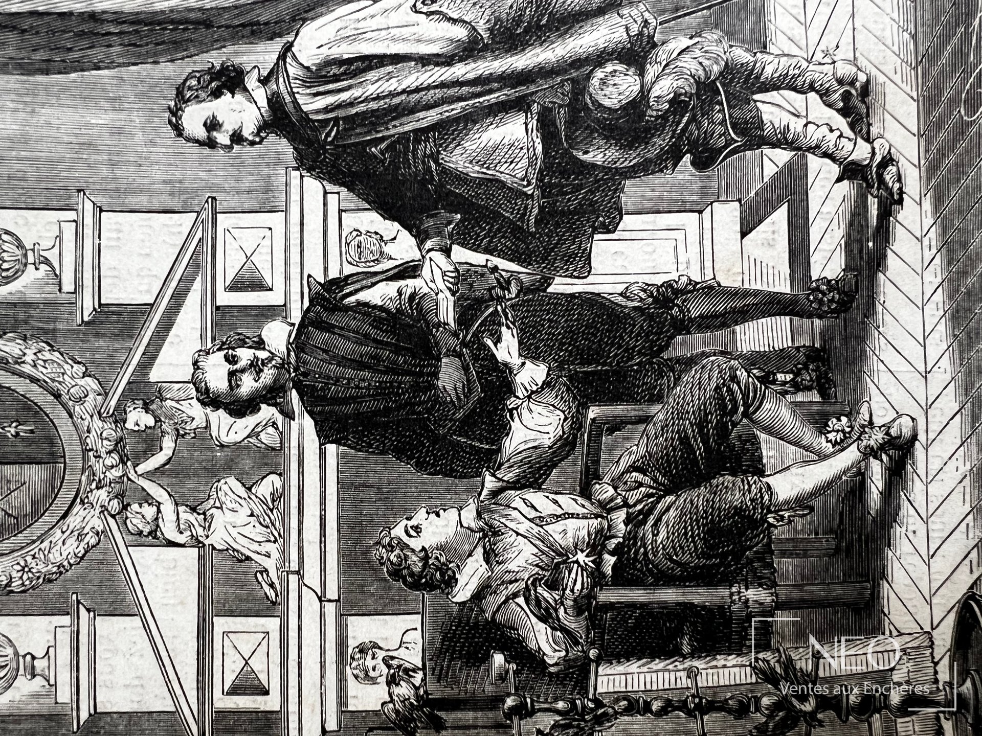 Illustration en noir représentant une scène avec plusieurs personnages dans un intérieur