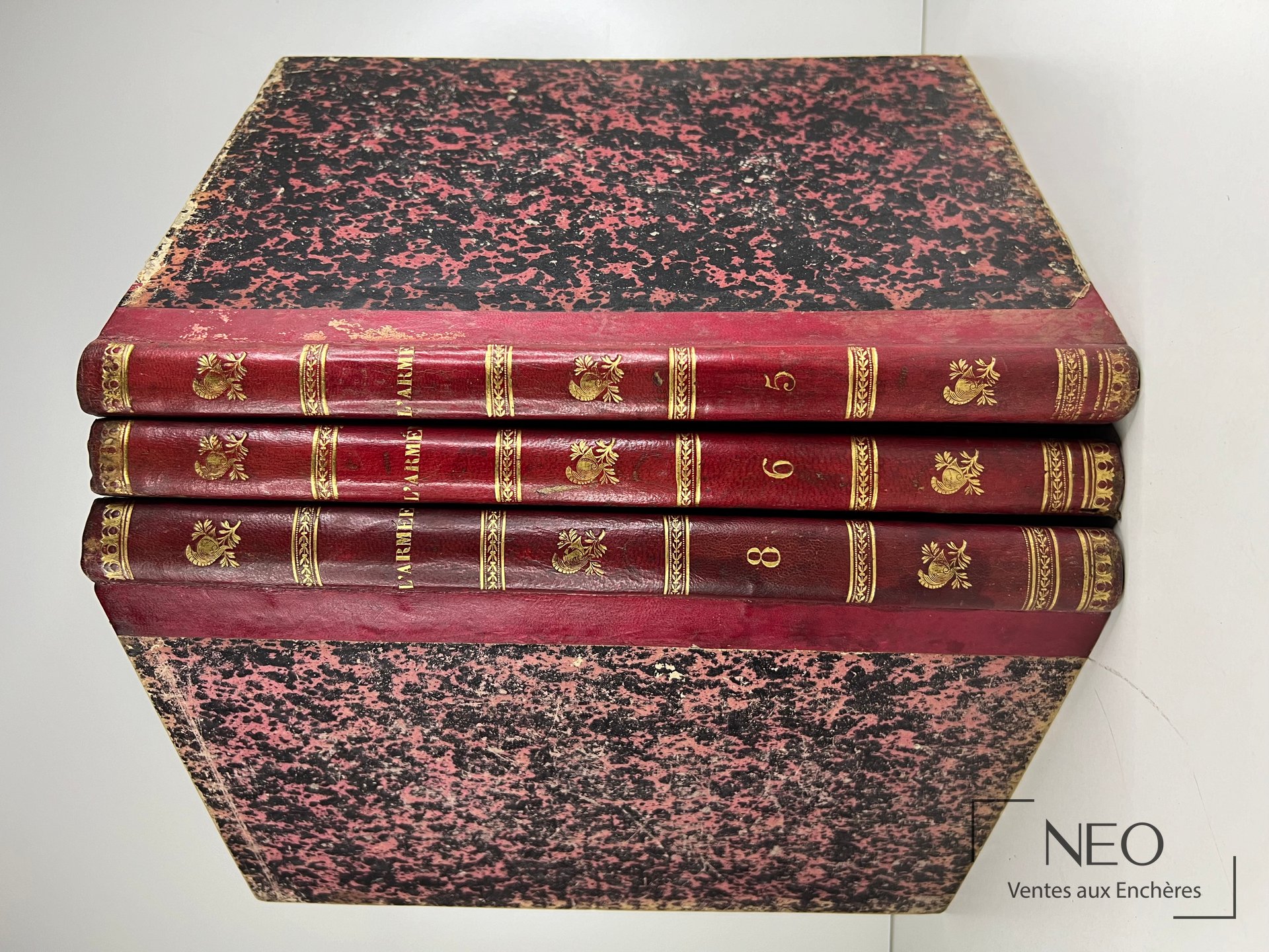Trois volumes reliés en demi basane rouge et marbrée