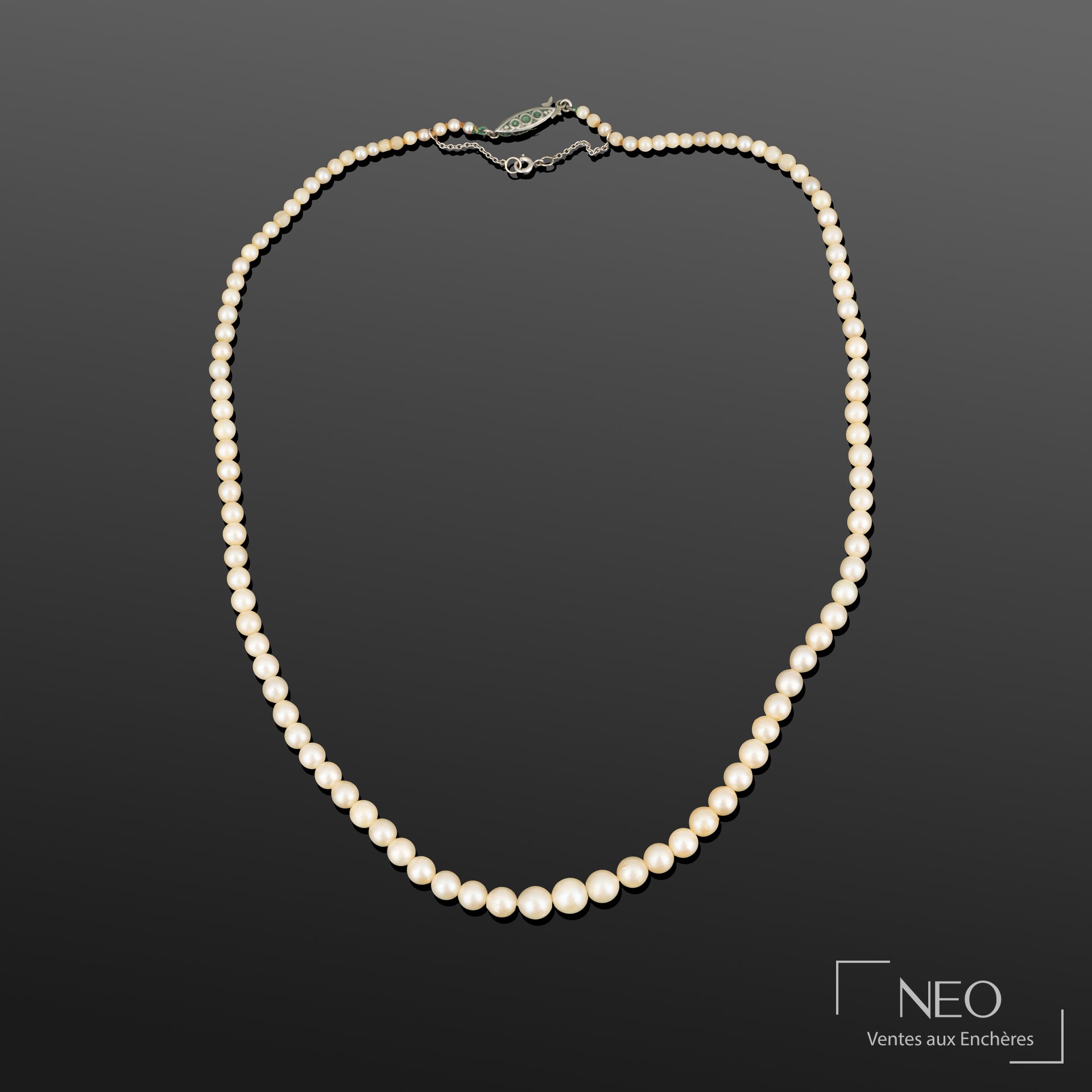 Collier de perles de culture blanches en chute sur fond gris