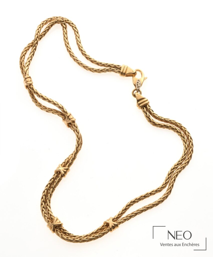Collier en or jaune à maille palmier double et croisillons