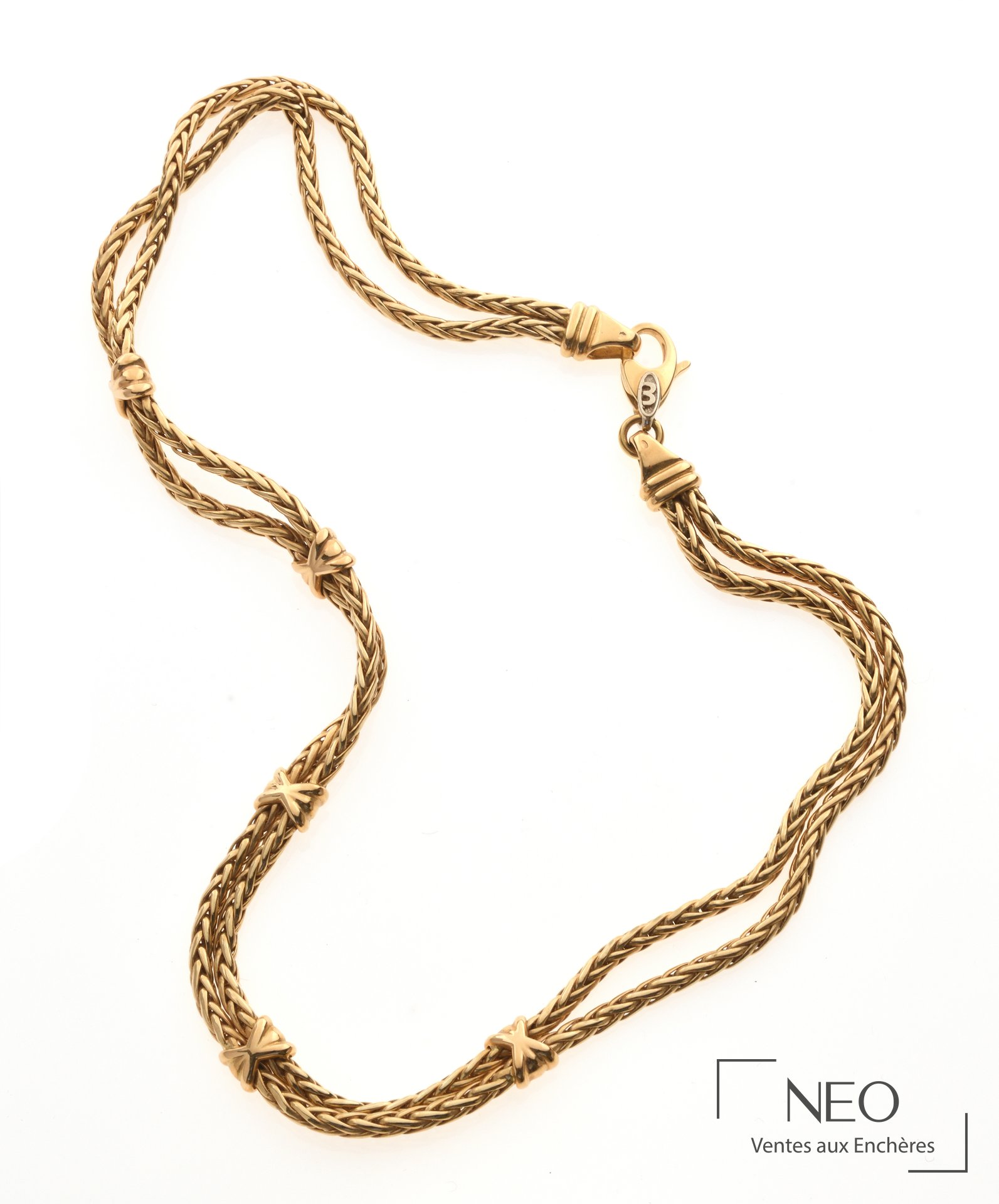 Collier en or jaune à maille palmier double et croisillons