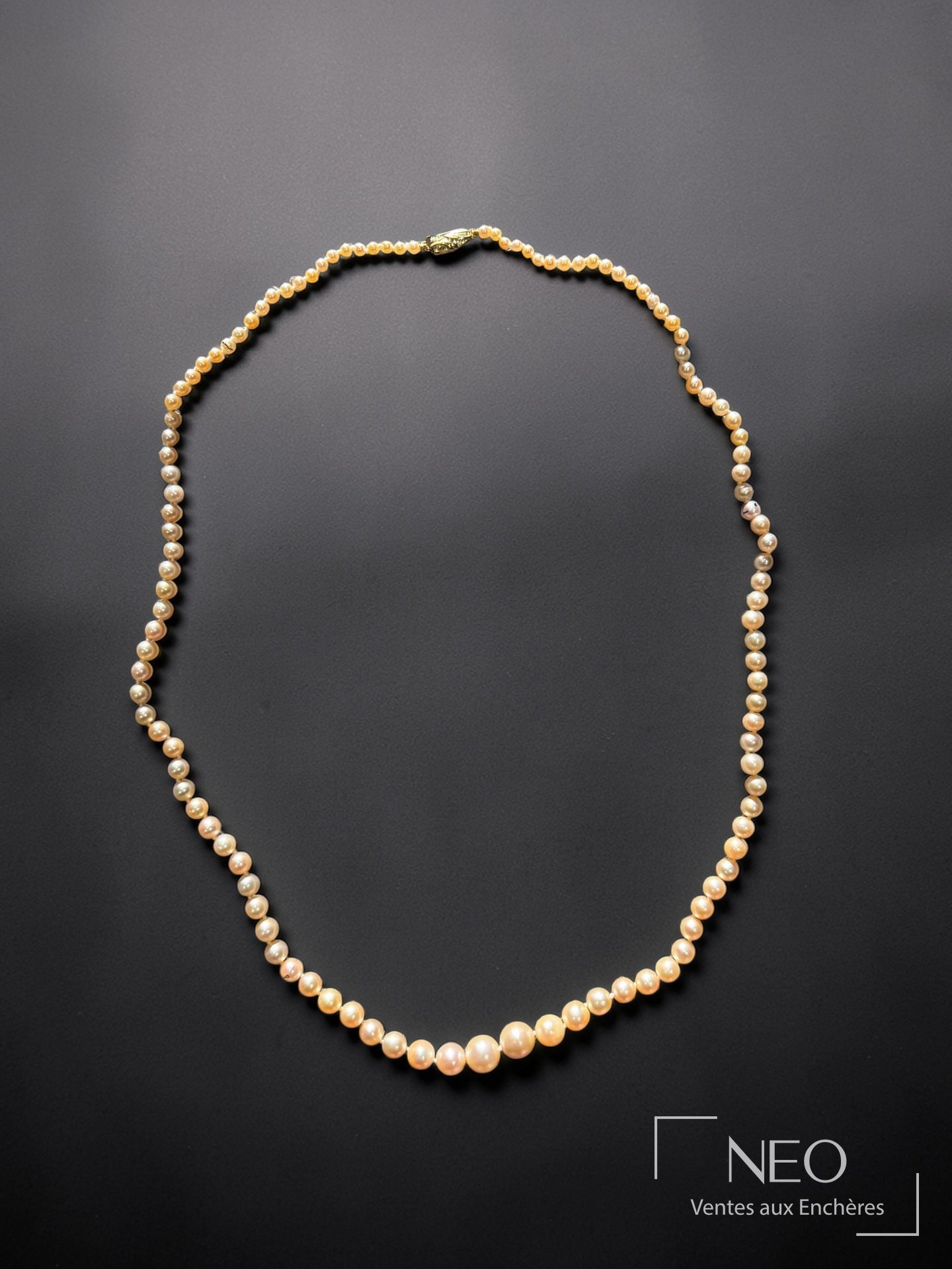 Collier de perles fines en chute présenté de face sur fond noir