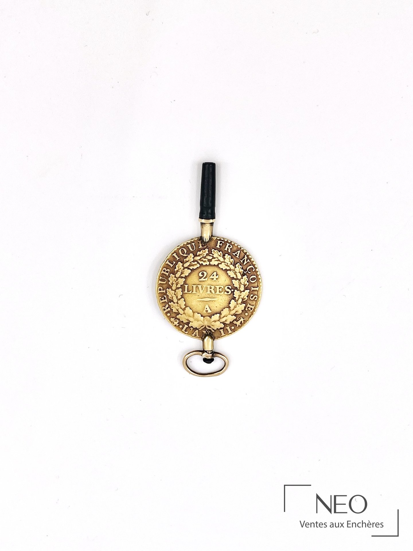 Pendentif rond en or jaune avec inscription 24 livres et élément noir en partie haute