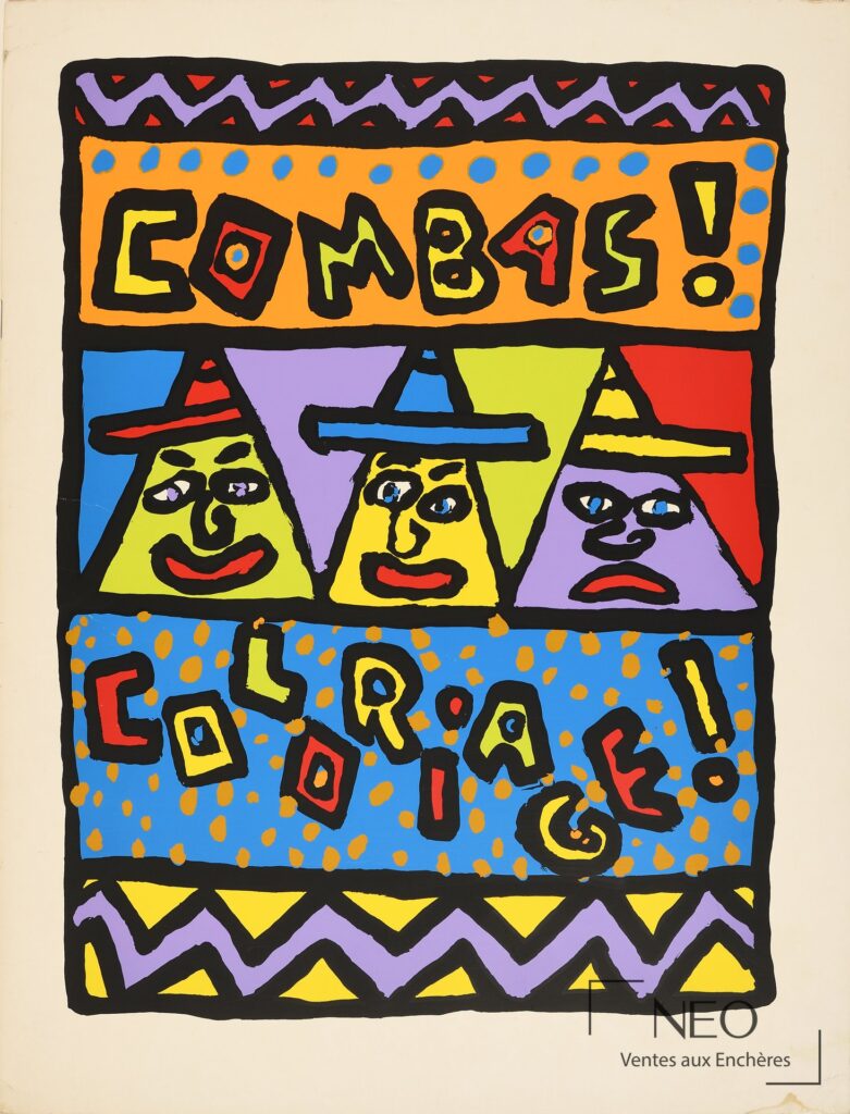 Couverture colorée de l'album Combas ! Colorage ! avec figures stylisées et typographie peinte