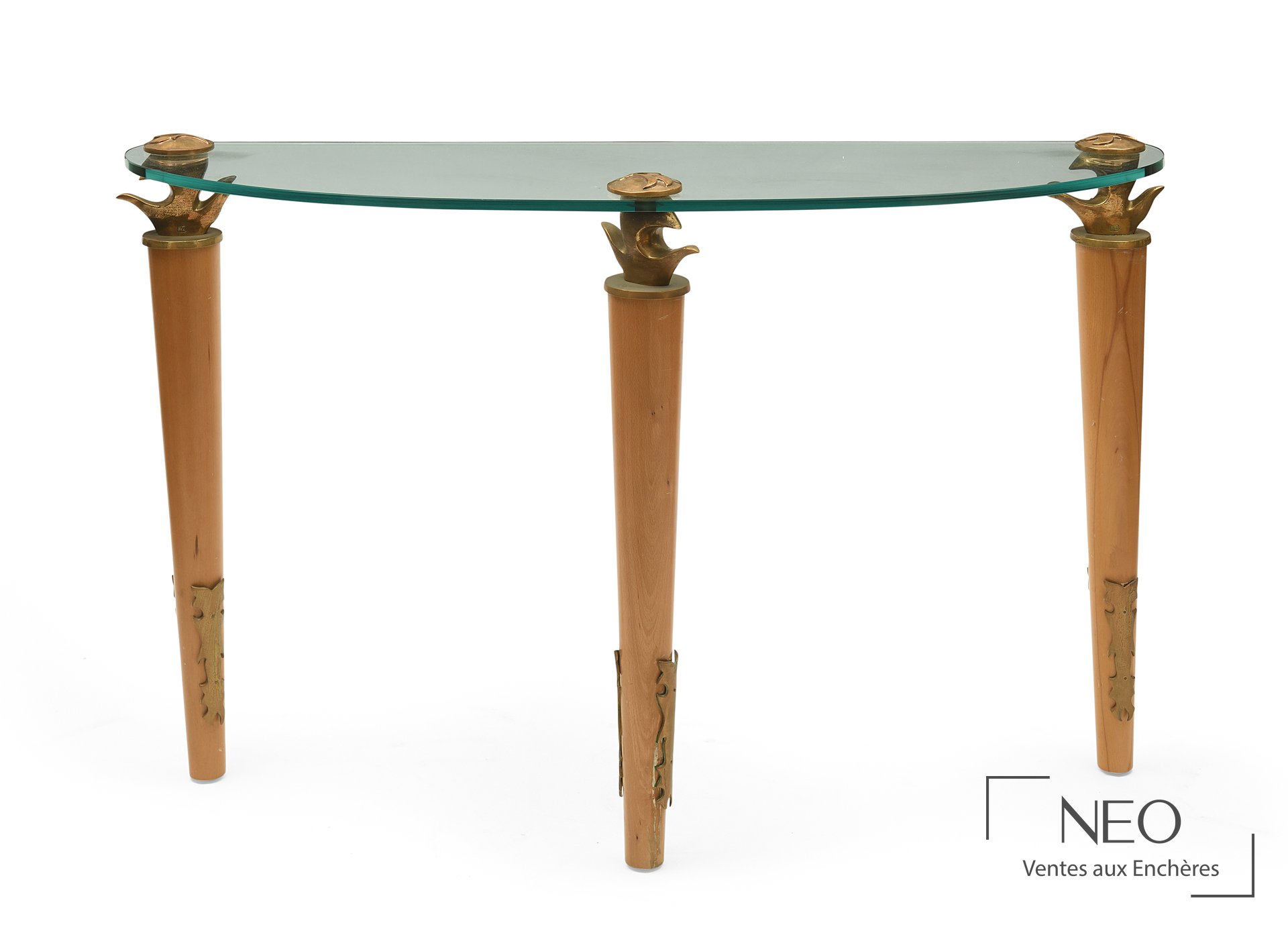 Console tripode en bois et bronze doré avec plateau en verre épais