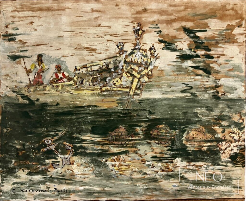 Projet de décor de théâtre de KOROVINE représentant une mer animée avec un bateau et deux pêcheurs.