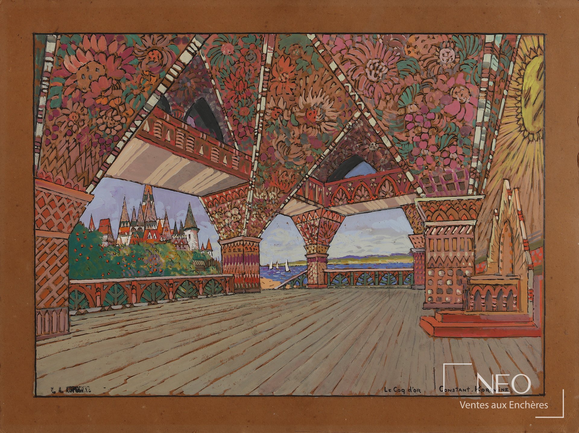 Projet de décor de théâtre coloré de Constantin Korovine avec scène architecturée et ciel ouvert