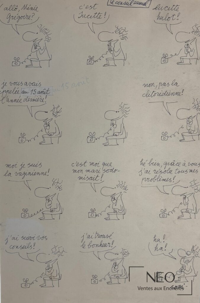 Planche humoristique de COPI avec plusieurs vignettes et dialogues manuscrits