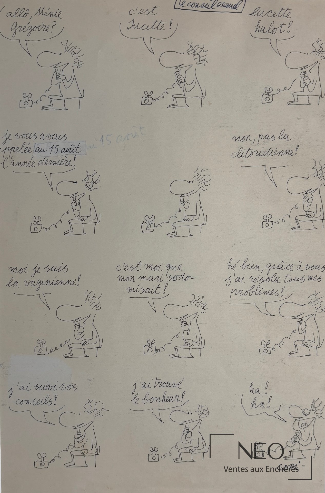 Planche humoristique de COPI avec plusieurs vignettes et dialogues manuscrits