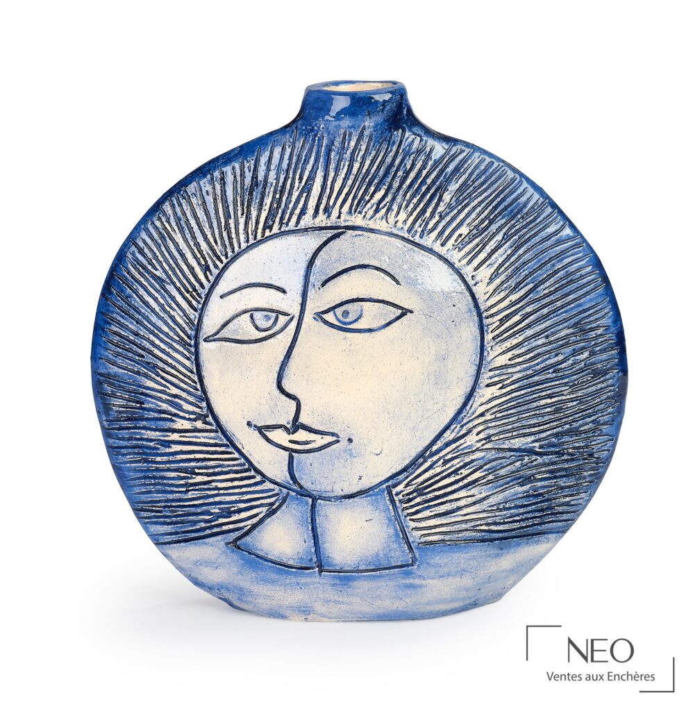 Vase double face Corneille en céramique émaillée bleue