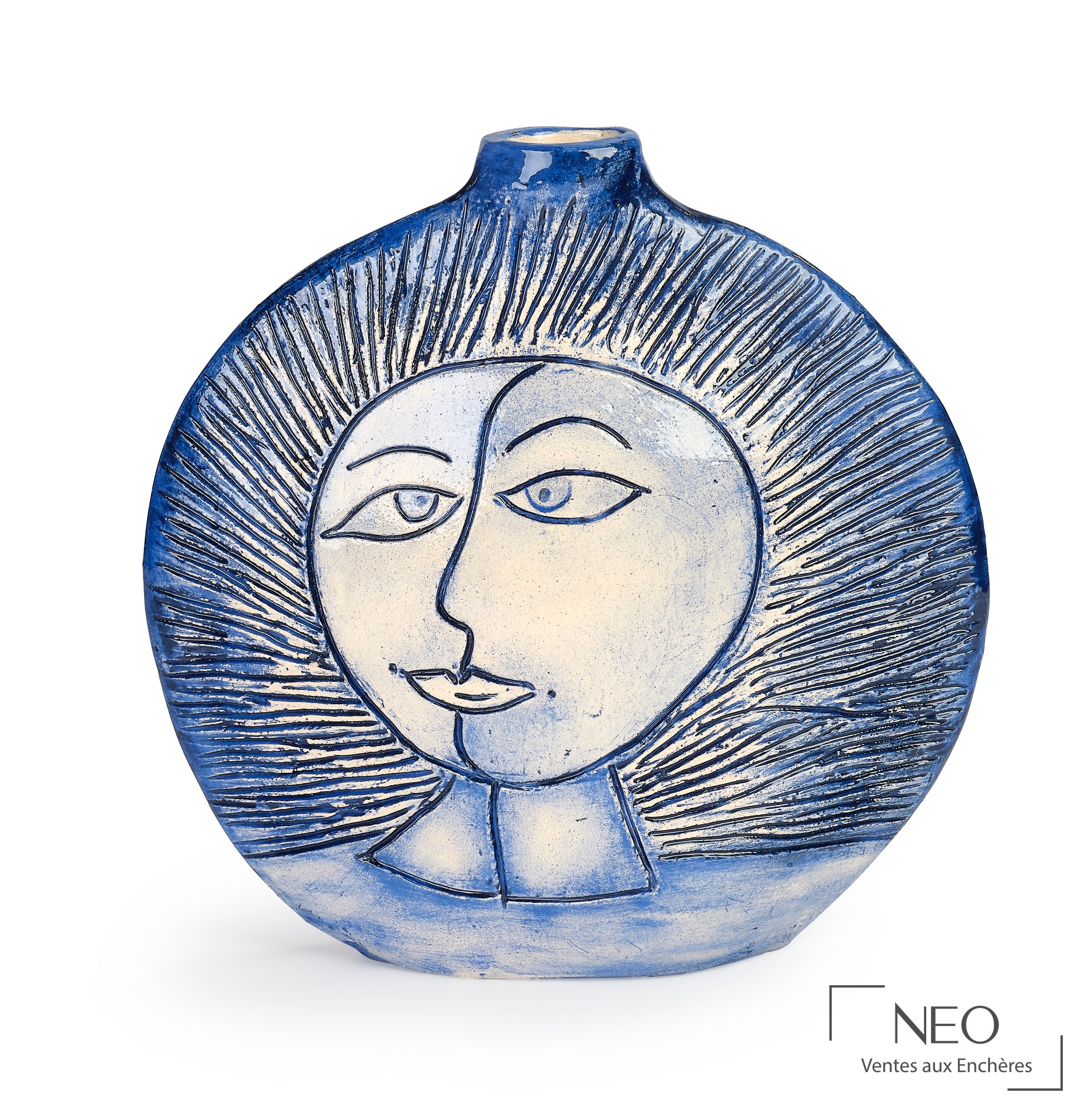 Vase double face Corneille en céramique émaillée bleue
