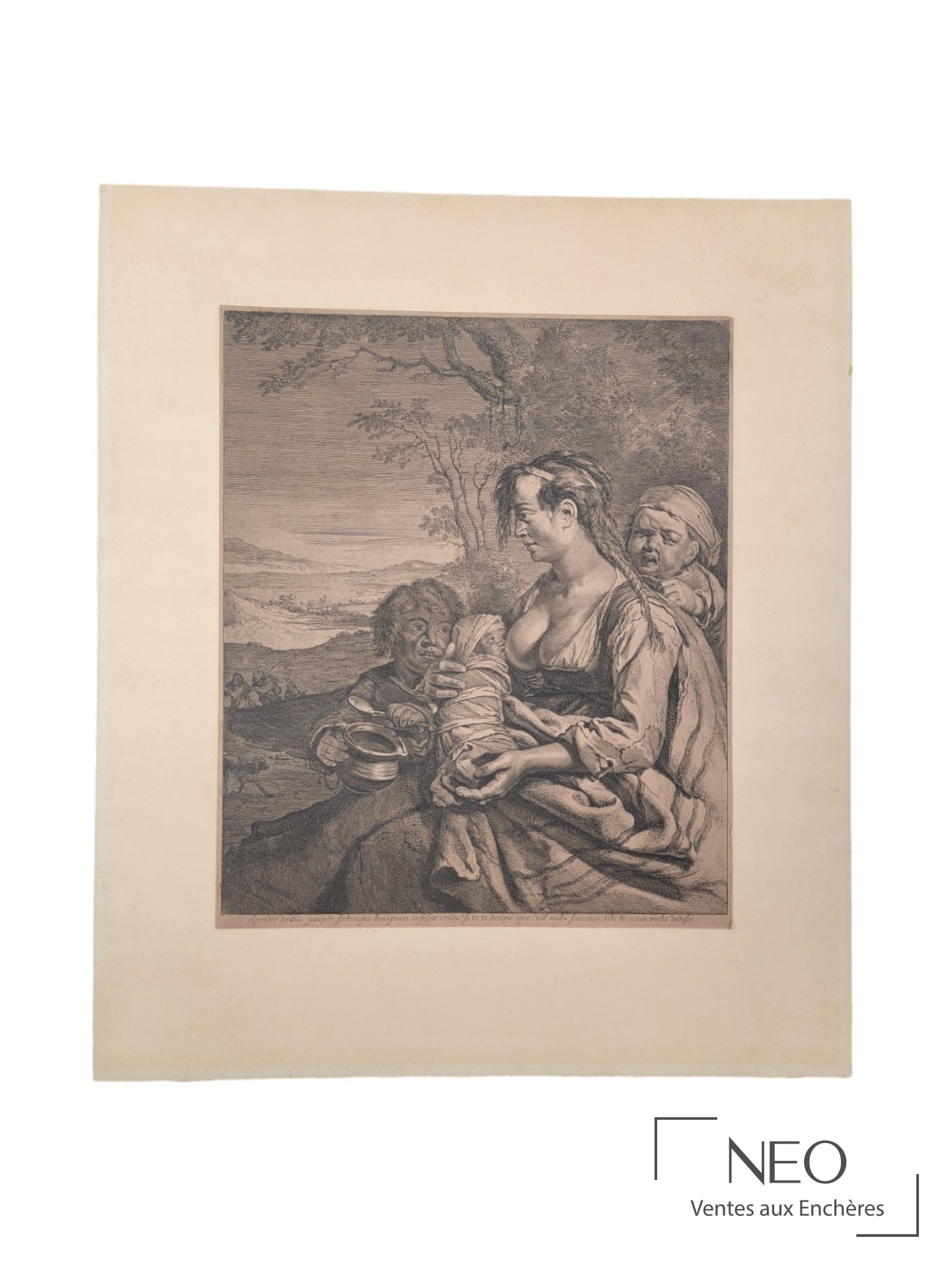 Gravure de Cornelis Visscher représentant une femme avec deux enfants